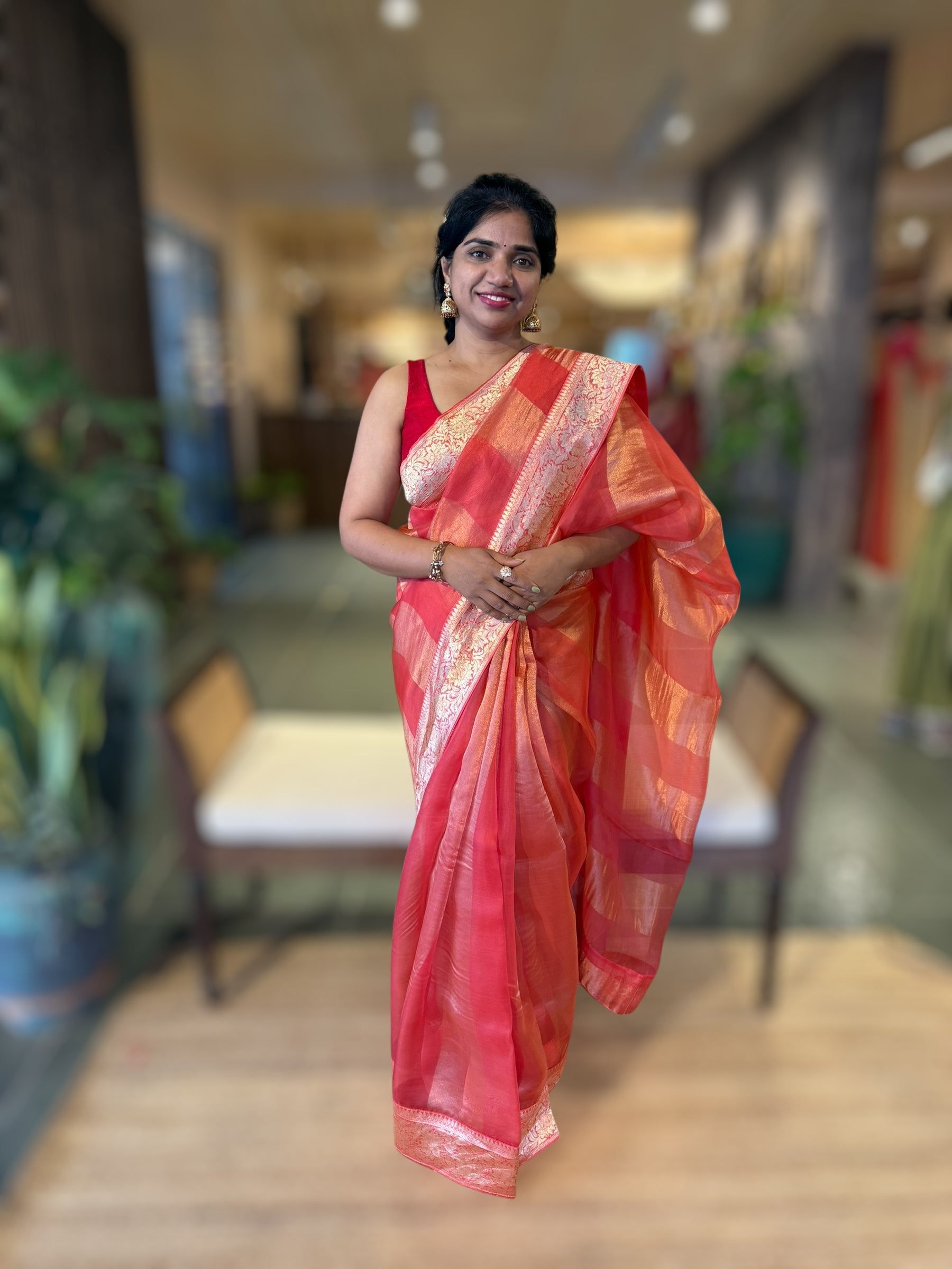 Koral Pink Banarasi Kora Tissue Stripes Saree With Banarasi Borders & Blouse