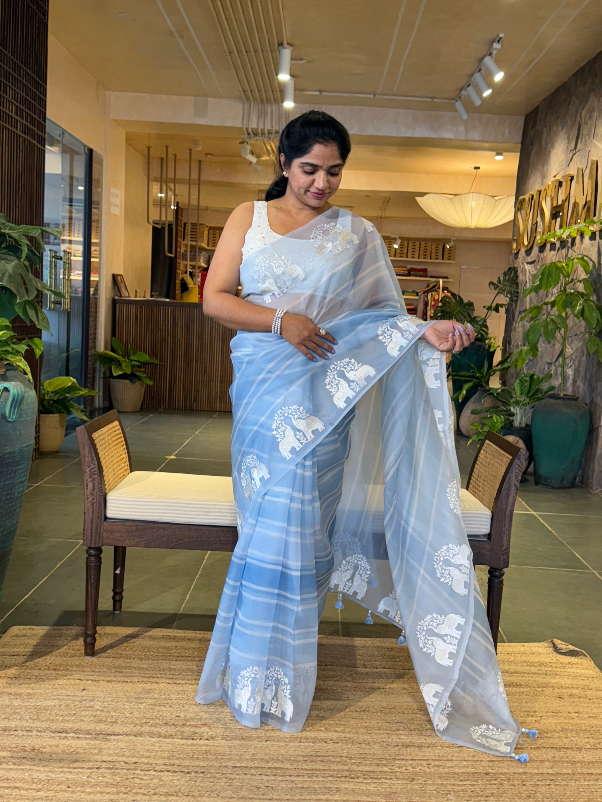 DOEA2701 Blue Shaded Pure Organza  Saree with Embroidery
