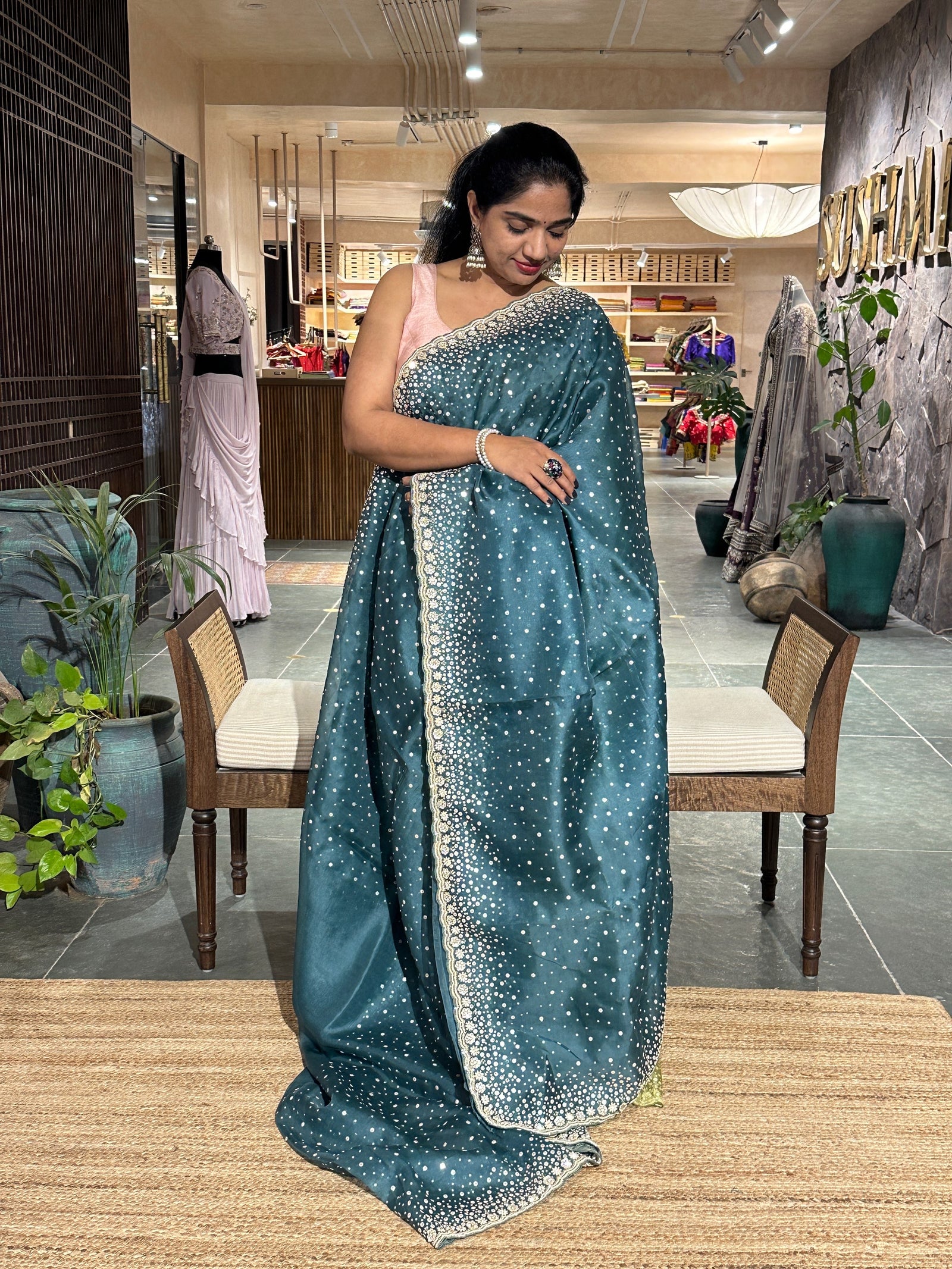 Peacock Blue Pure Organza Handwork Saree