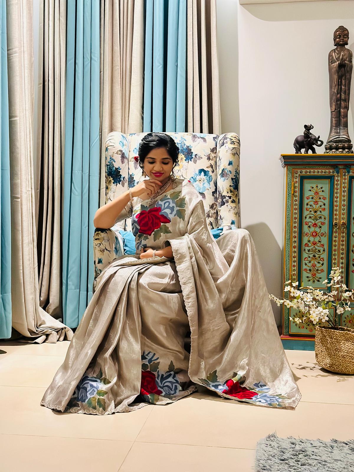 Silver Kanchi Brocade Tissue Saree with Statement Floral Embroidered Roses