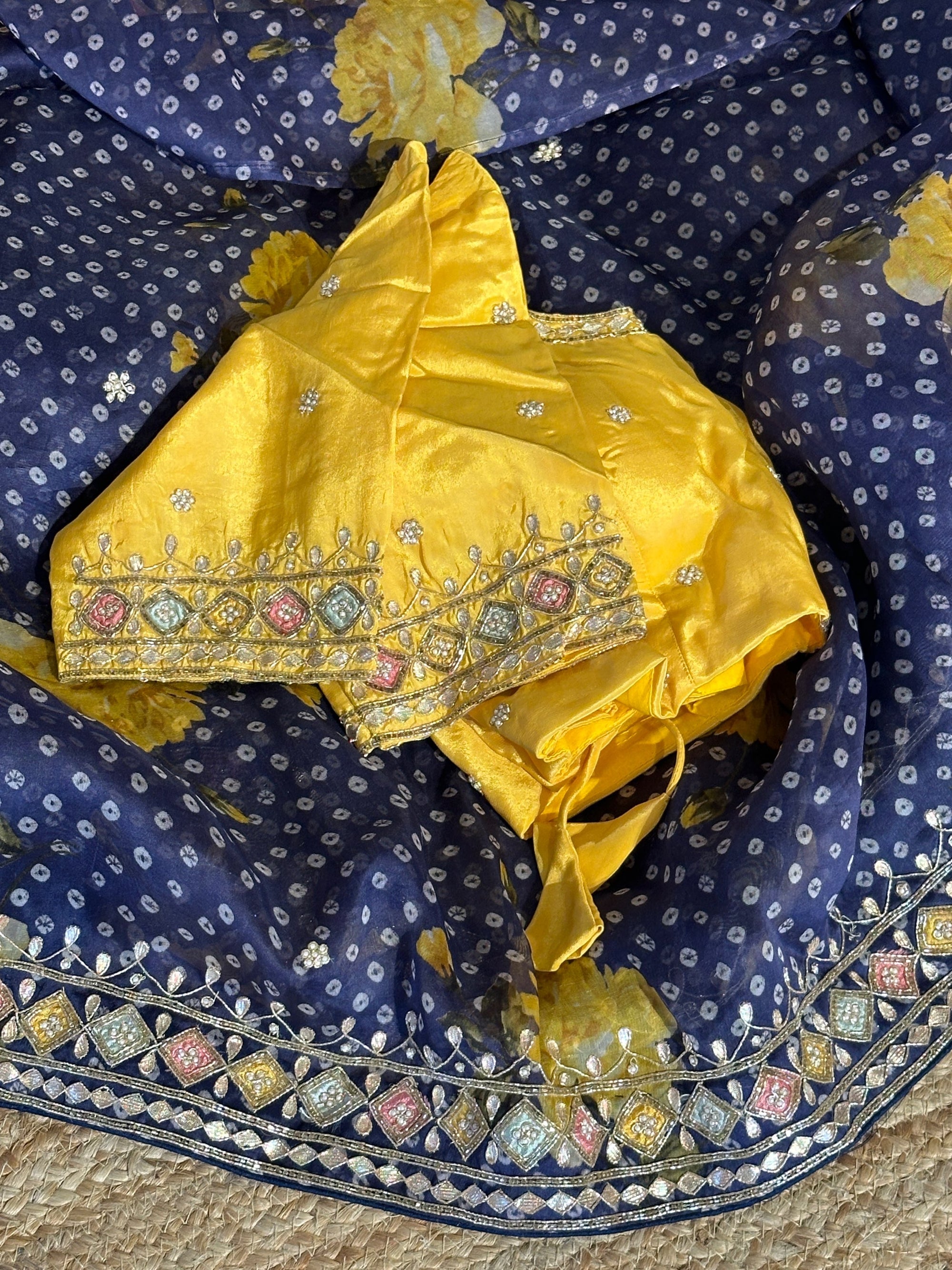 Midnight Blue Floral Organza Silk Saree