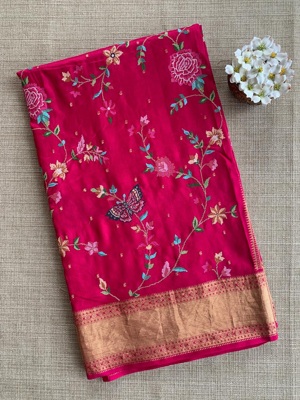 Dark Pink Kanchi  Saree With Allover Petite Point Embroidery