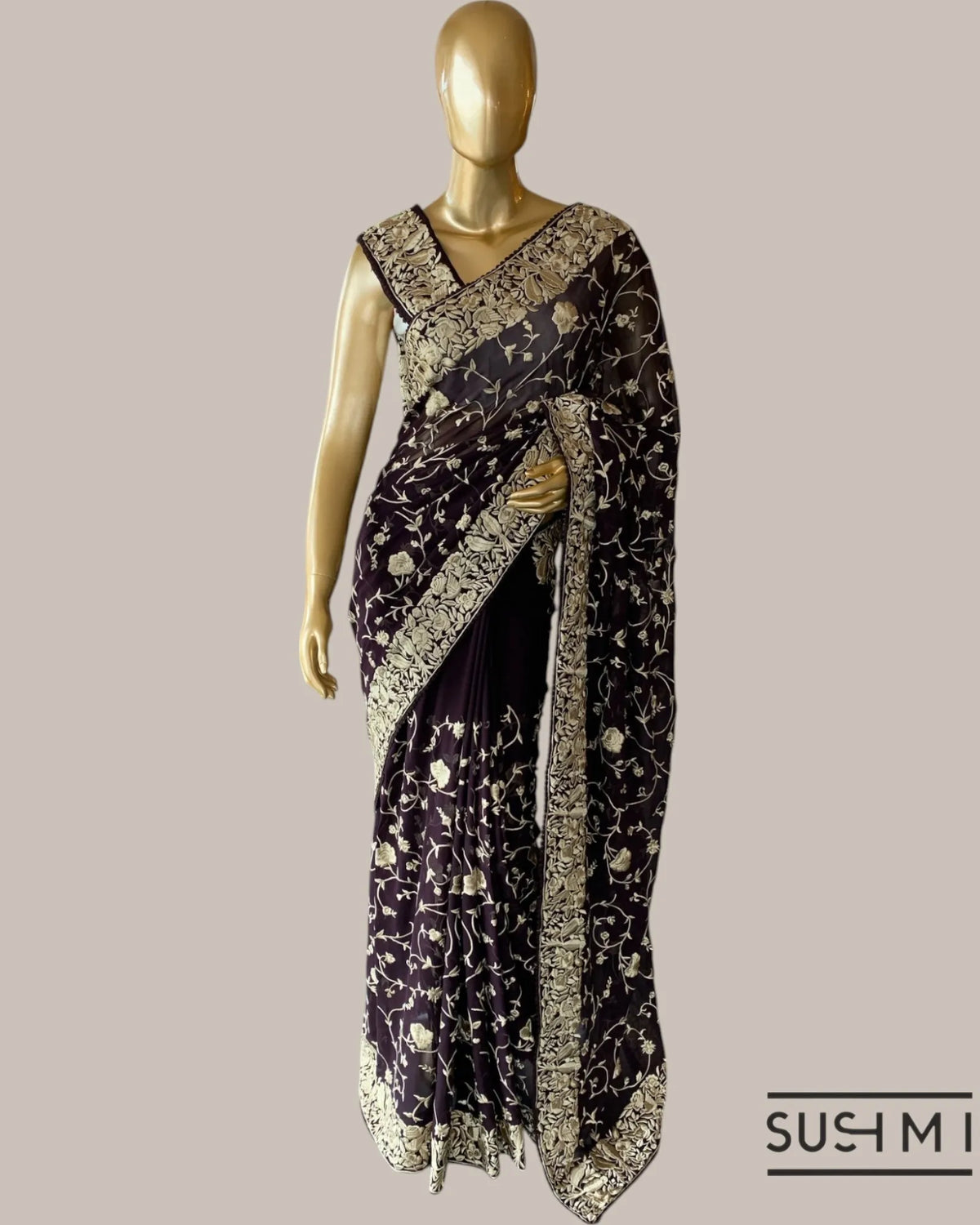 Coffee Brown Pure Gorgette Saree With Parsi Gara Style Allover Embroidery   Orig