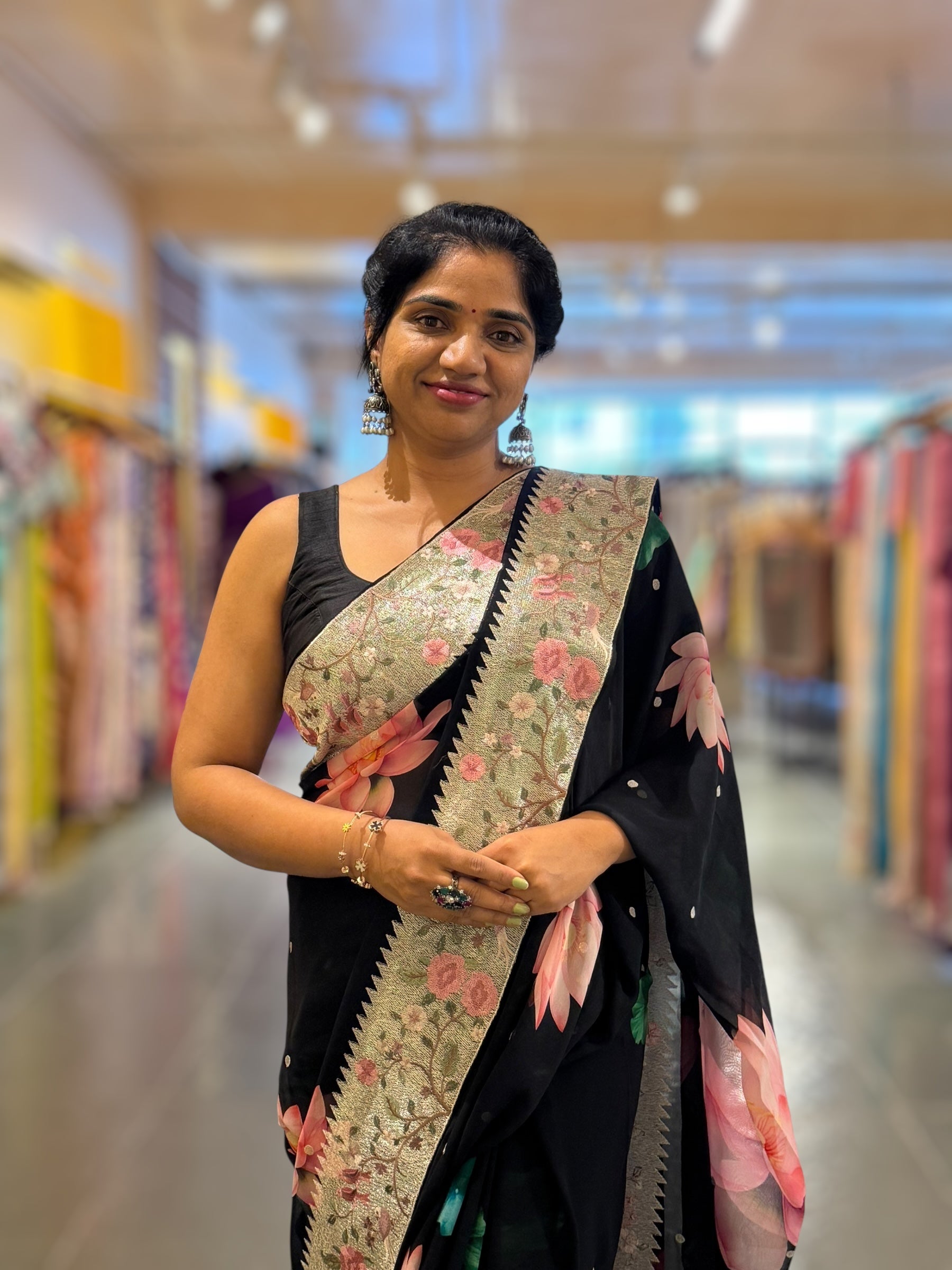 Black Printed Gorgette Saree With Tissue Embroider Border