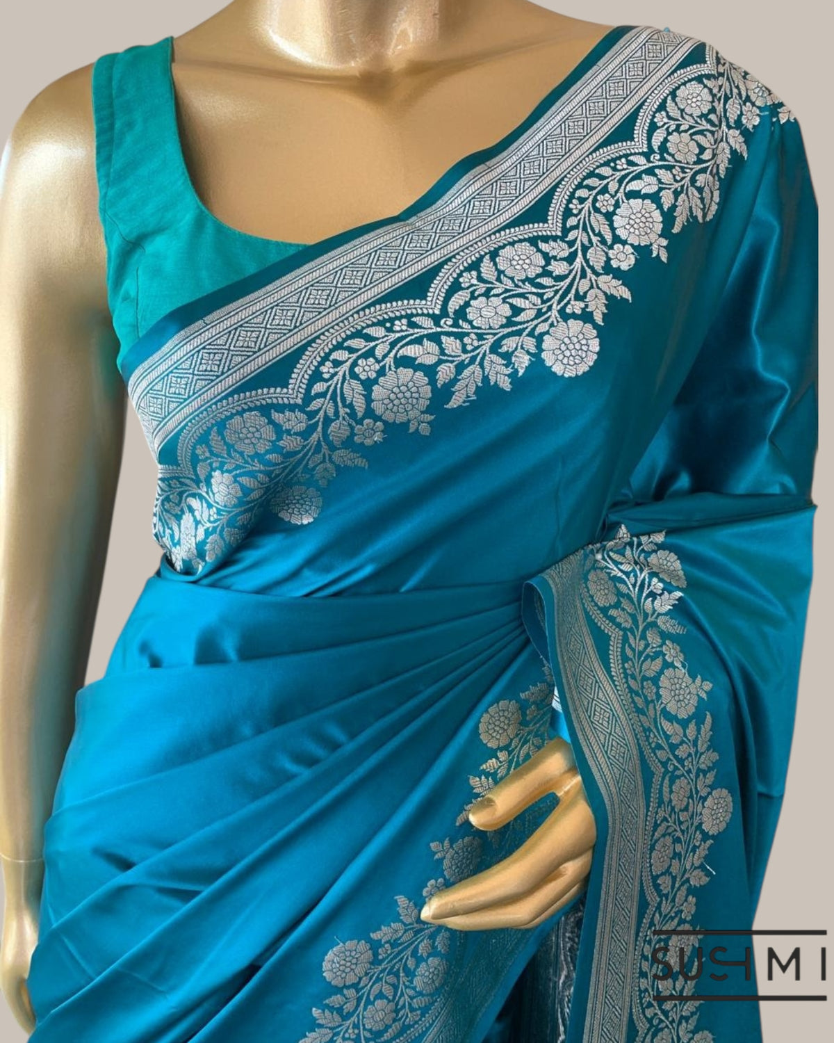 Peacock Blue Mashru Silk Saree With Staright and  Scalloped Border
