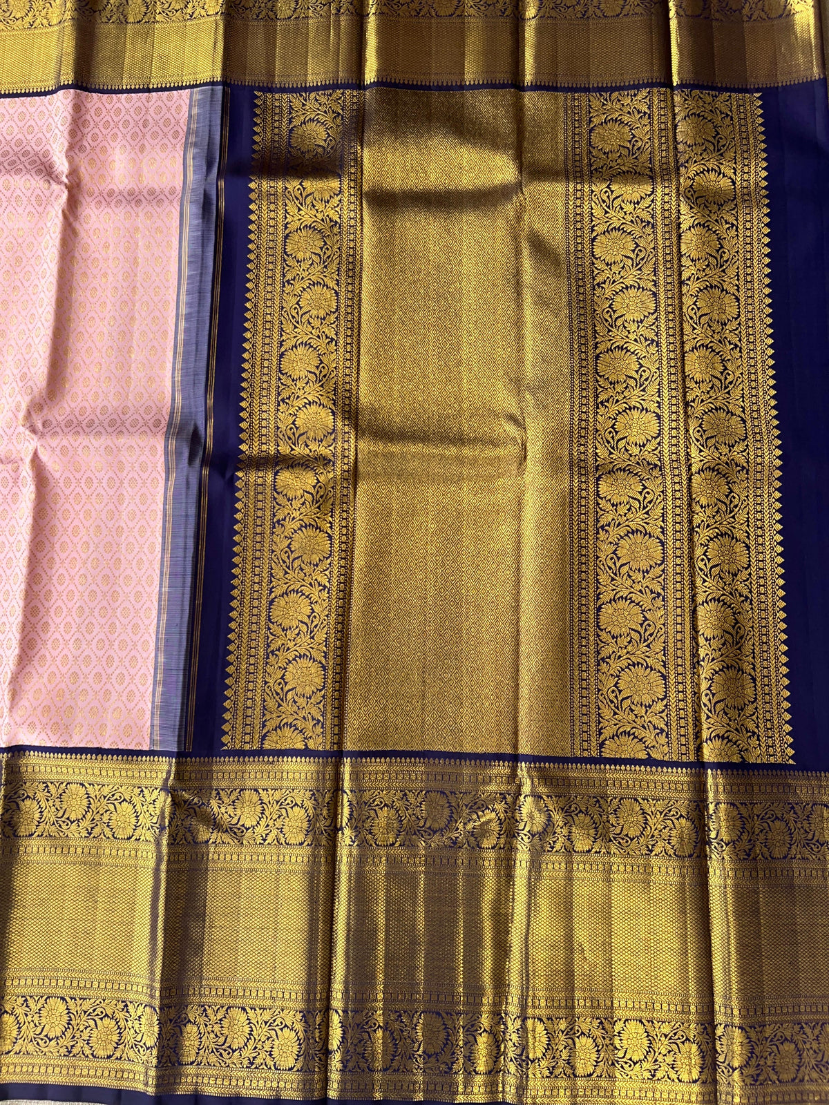 Elegant Pink Pure Kanchi Pattu Silk Saree with Midnight Blue Zari Border