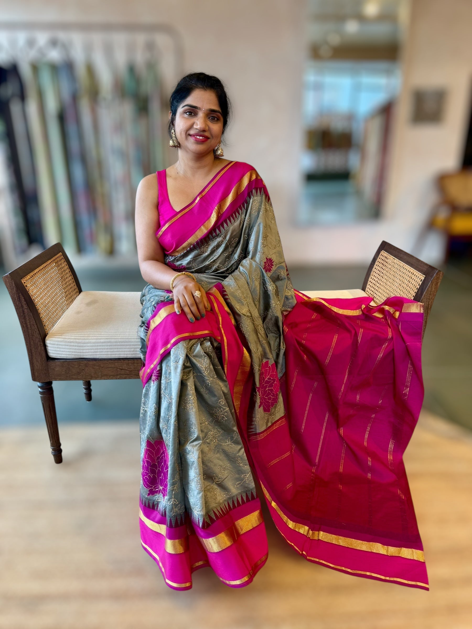 Silverish Grey Kanchi Silk Saree in With Allover Pita & Applique work