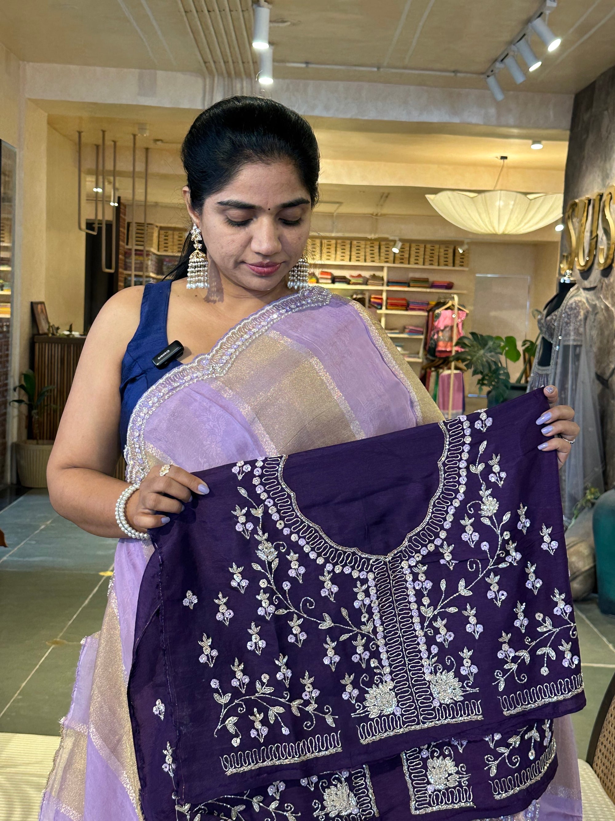 Lilac Tissue and kora brasso Saree with Scalloped handwork borders & blouse