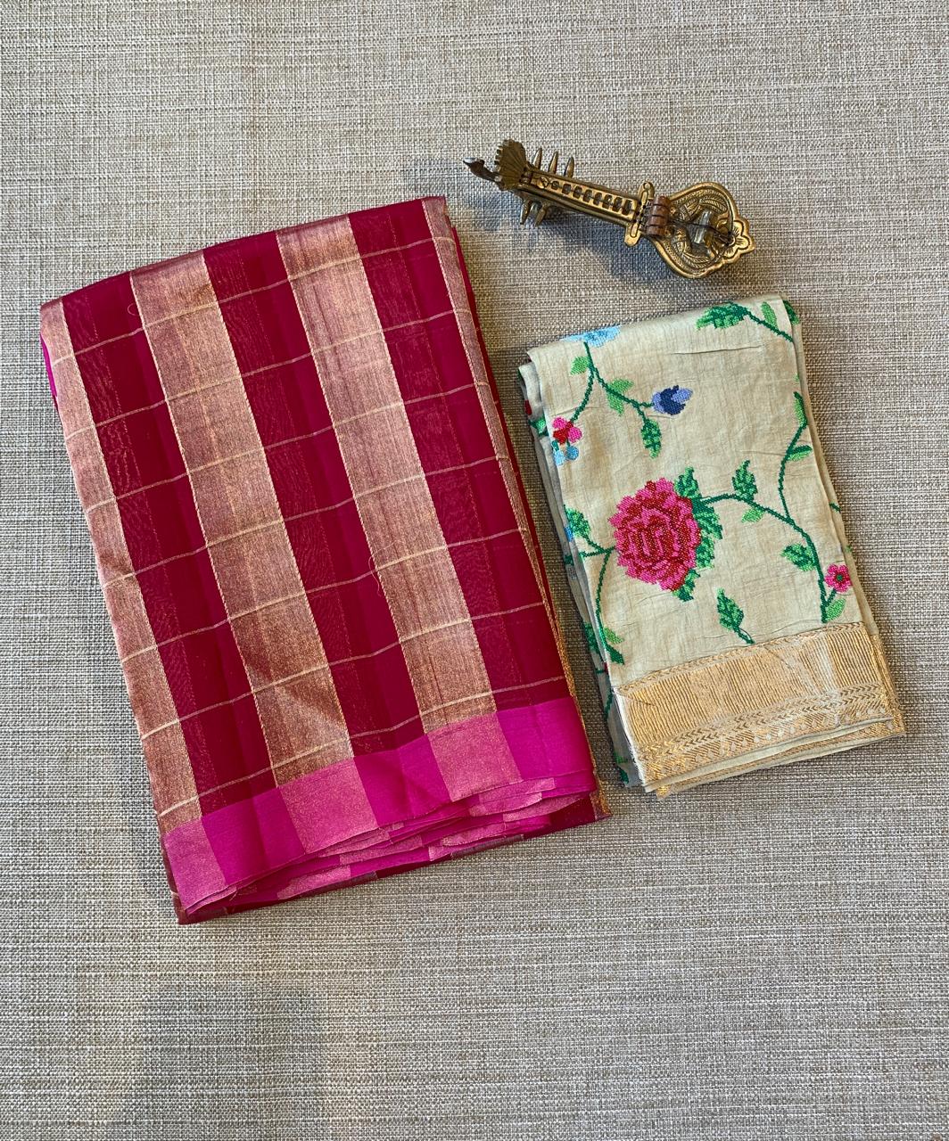 Pink Pure Handloom Banarasi Kora Tissue Checks Saree