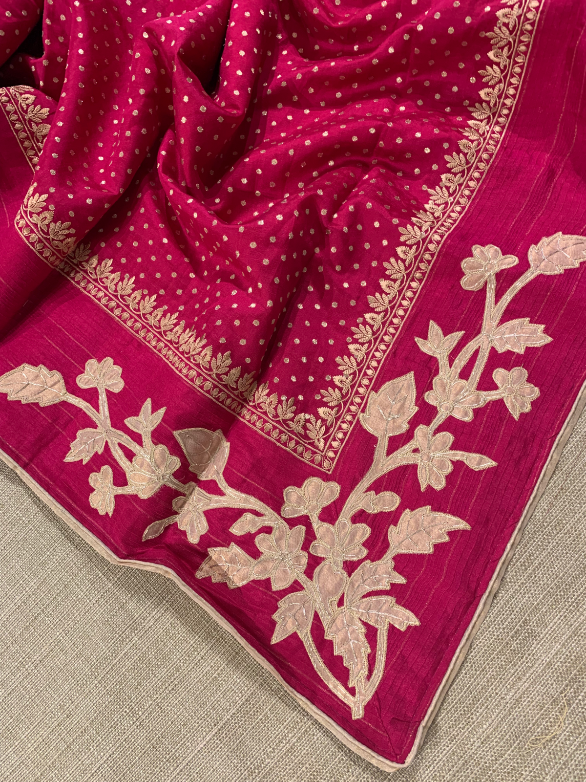 Dark Pink Chiniya Silk Saree with Embroidery Border & Applique Creeper Pallu