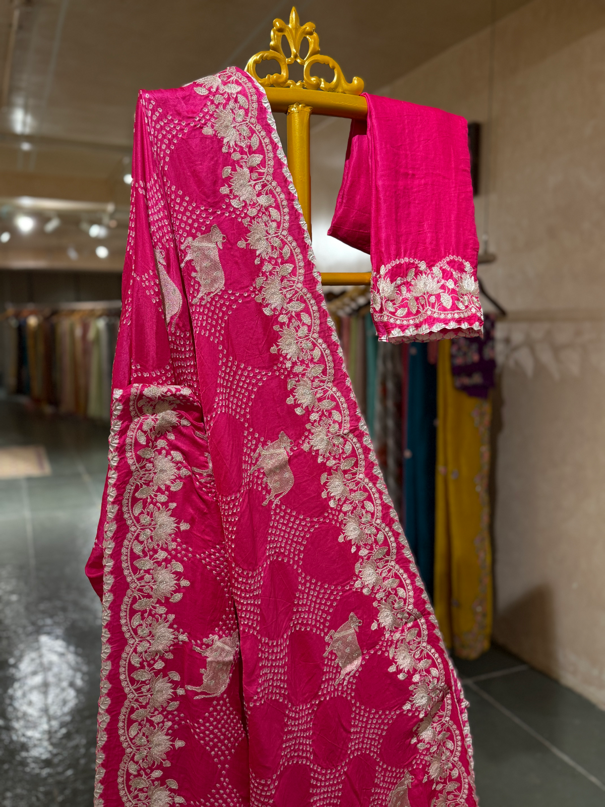 Neon Pink Pure Gajji Silk Rai Bandhej Saree with Pichwai Embroidery