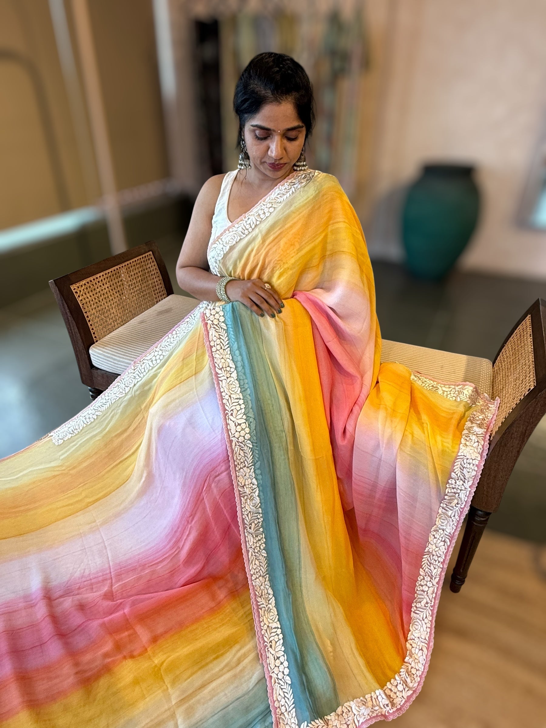 Pure Chiffon Saree with Ombre Brush dyeing & Parsi Gara Embroidered Border
