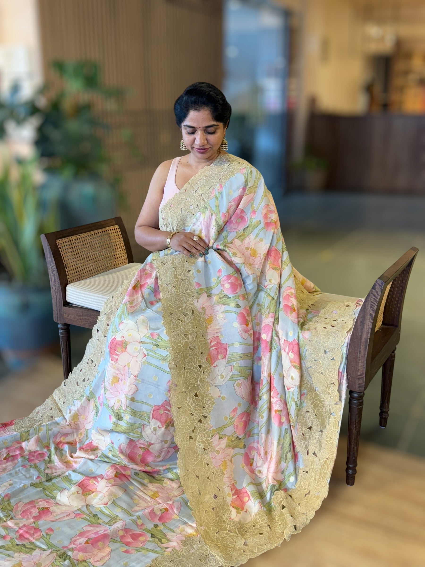 BabyBlue Banarasi Printed Tussar Khaddi Gorgette With Tissue cutwork Rose Border