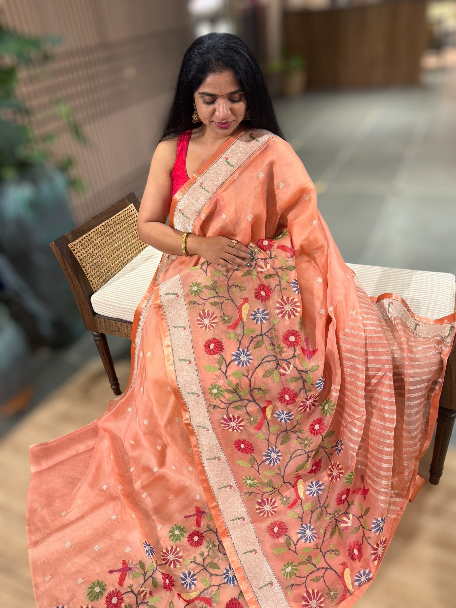 Peach Organza Silk Saree With Jamdani Inspired Embroidery