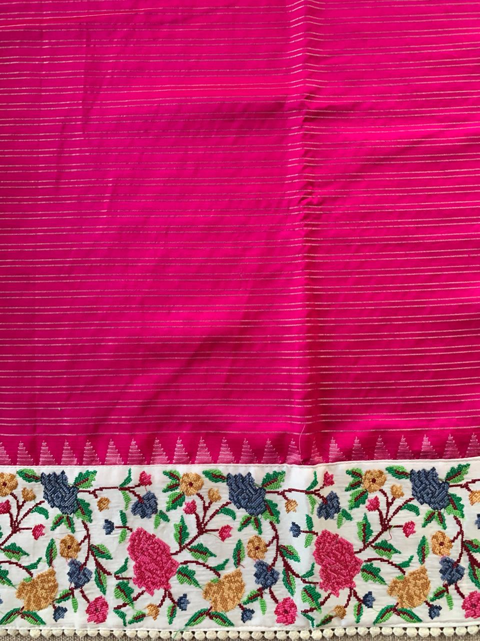 Pink Kanchi Soft Silk Saree With Petite Point Embroidered Border Pallu & Blouse