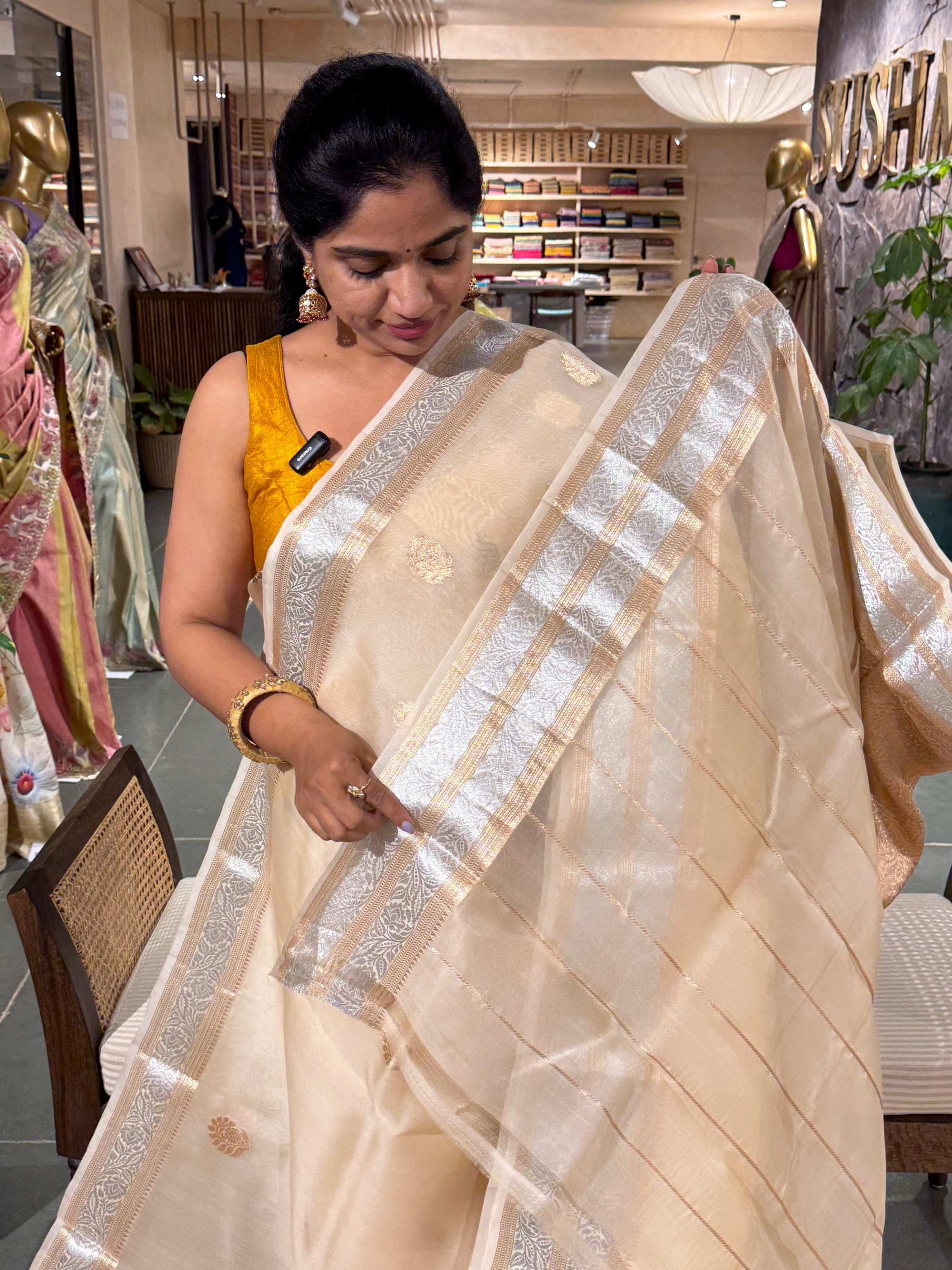 Beige Pure Handloom Kora Banarasi Saree with Gold and Silver  zari borders