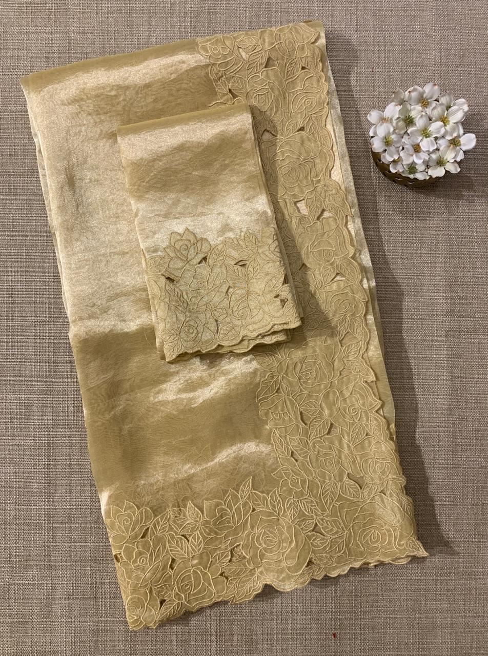 Pastel Yellow Pure Handloom Tissue Saree With Rose Cutwork Borders