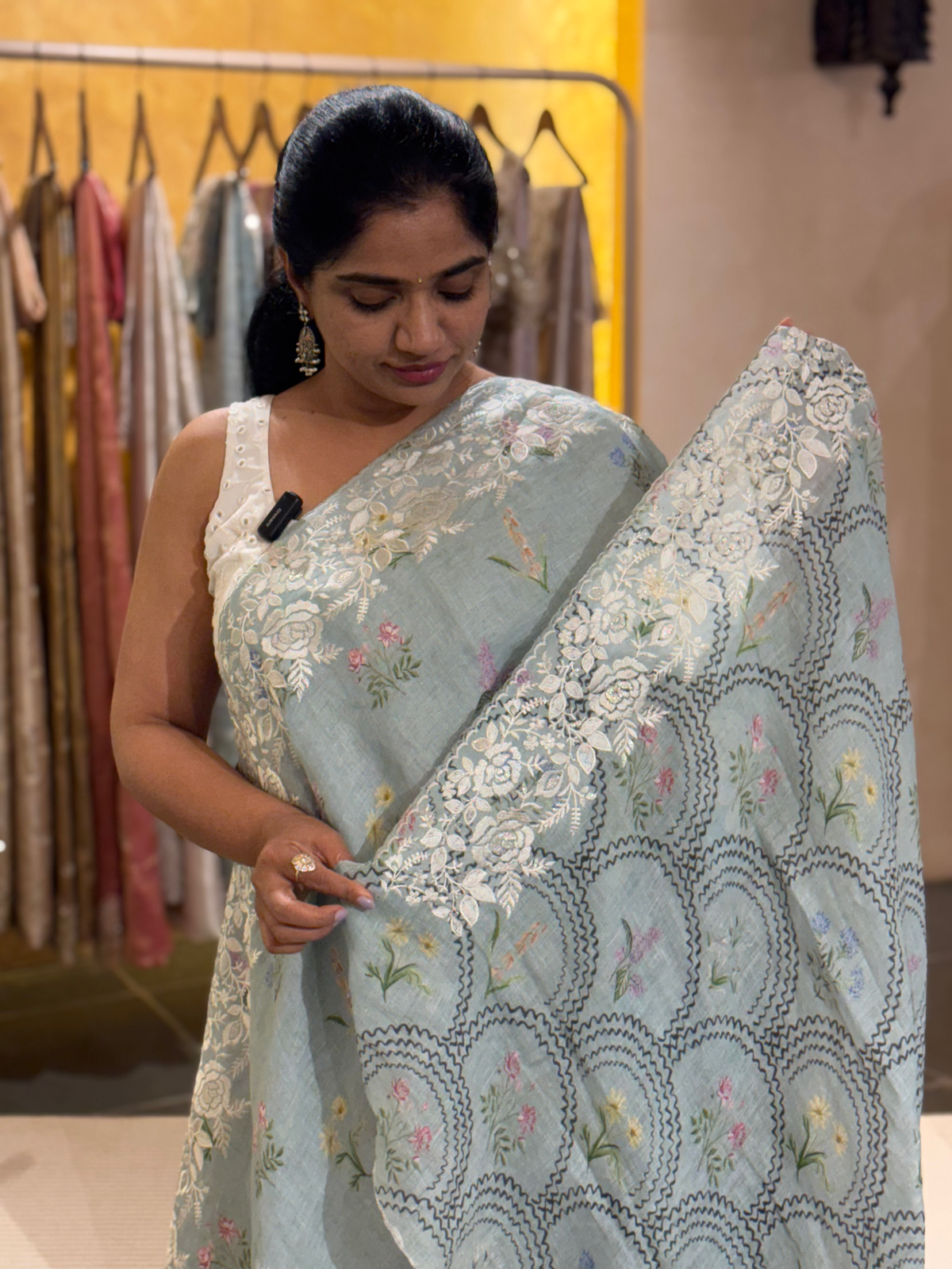 Powder Blue Pure Handloom Lenin Print Saree With  Parsi Gara Style Embroidery