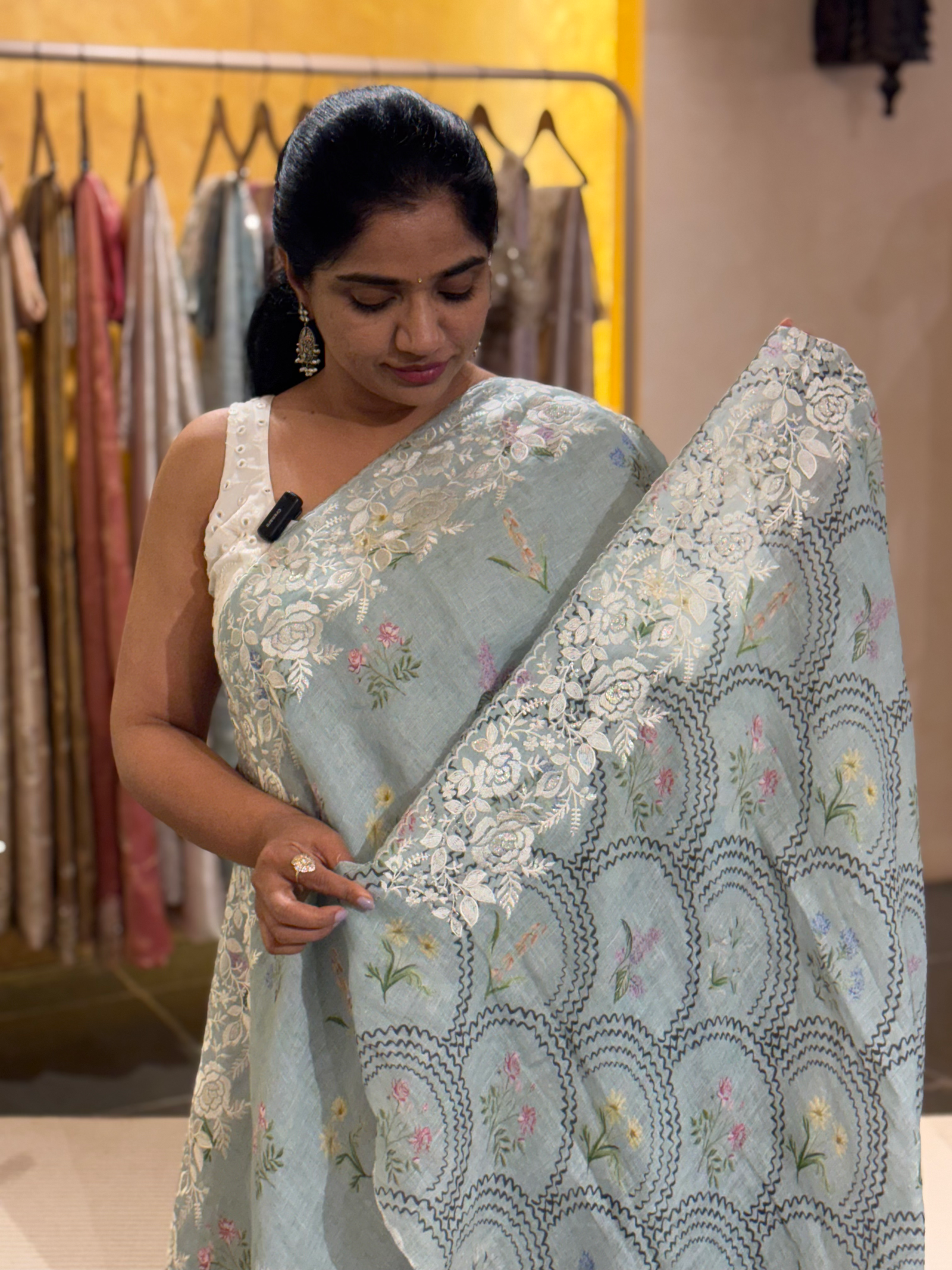 Powder Blue Pure Handloom Lenin Print Saree With  Parsi Gara Style Embroidery