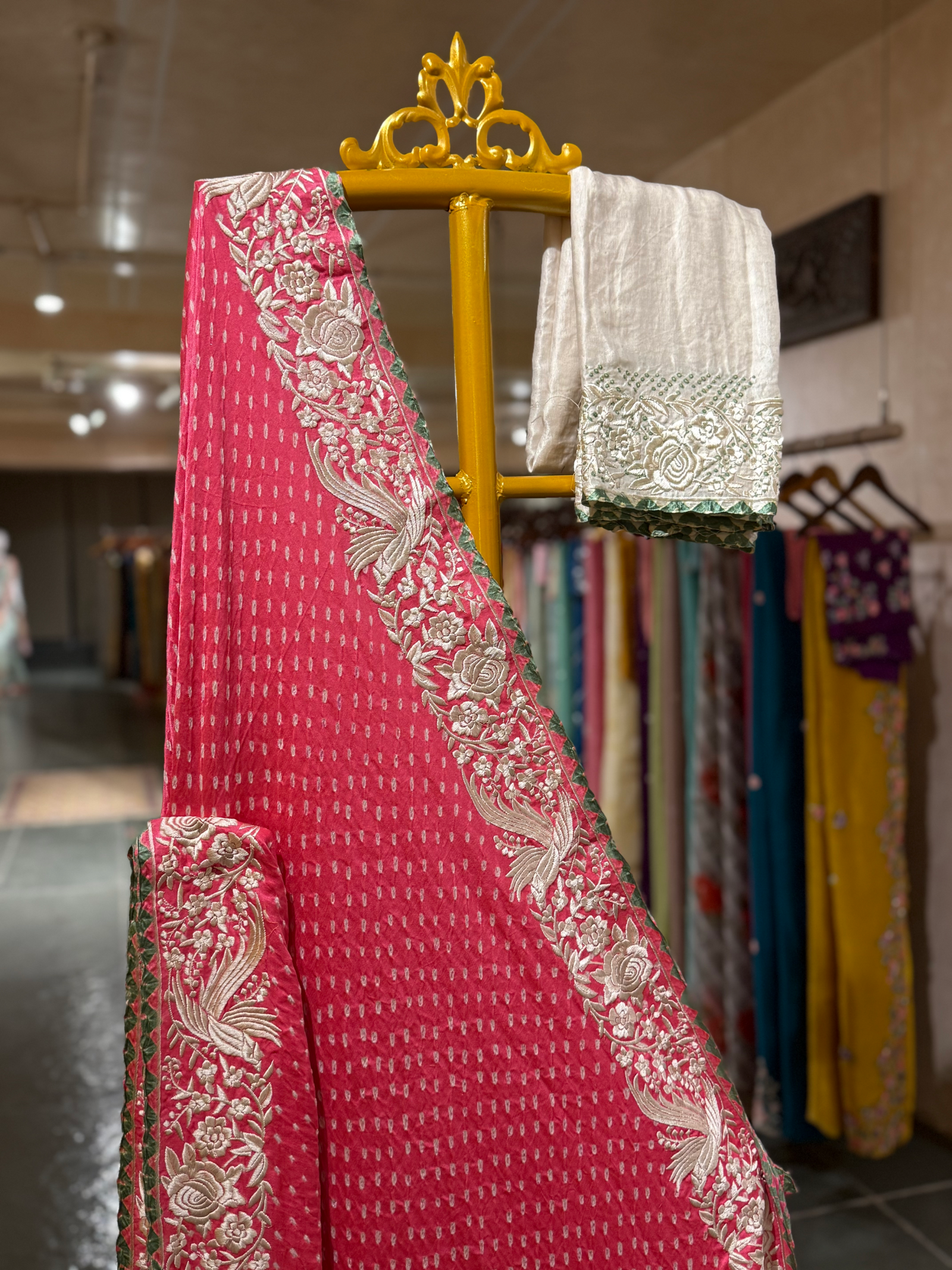 Neon Pink Pure Gajji Silk Kutch Bandhej Saree with Parsi Gara Embroidery