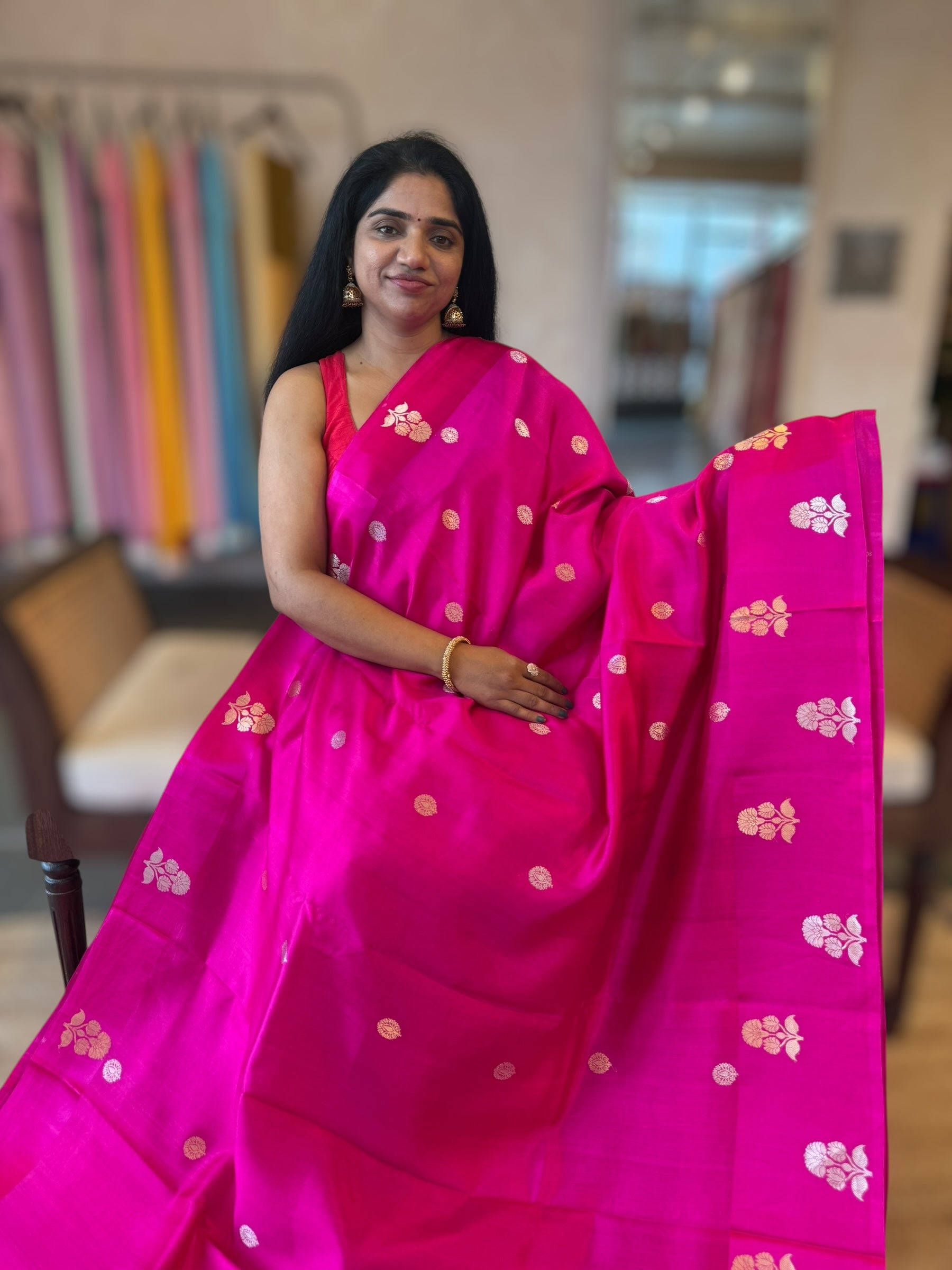 Rani Pink Banarasi Raw Mango Silk Saree with Open Borders & Kaduwa Woven Motifs