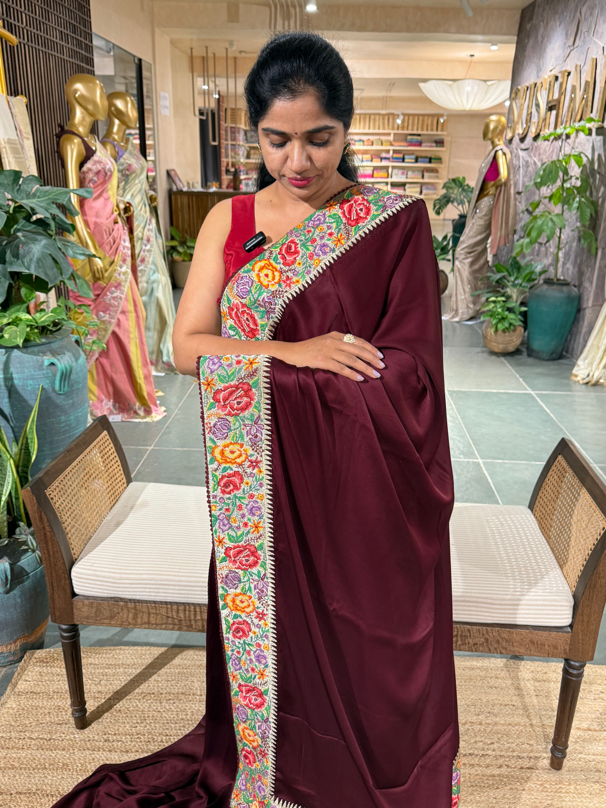 Burgundy Pure Satin Crepe Silk Saree with Petite Point Embroidered Border.