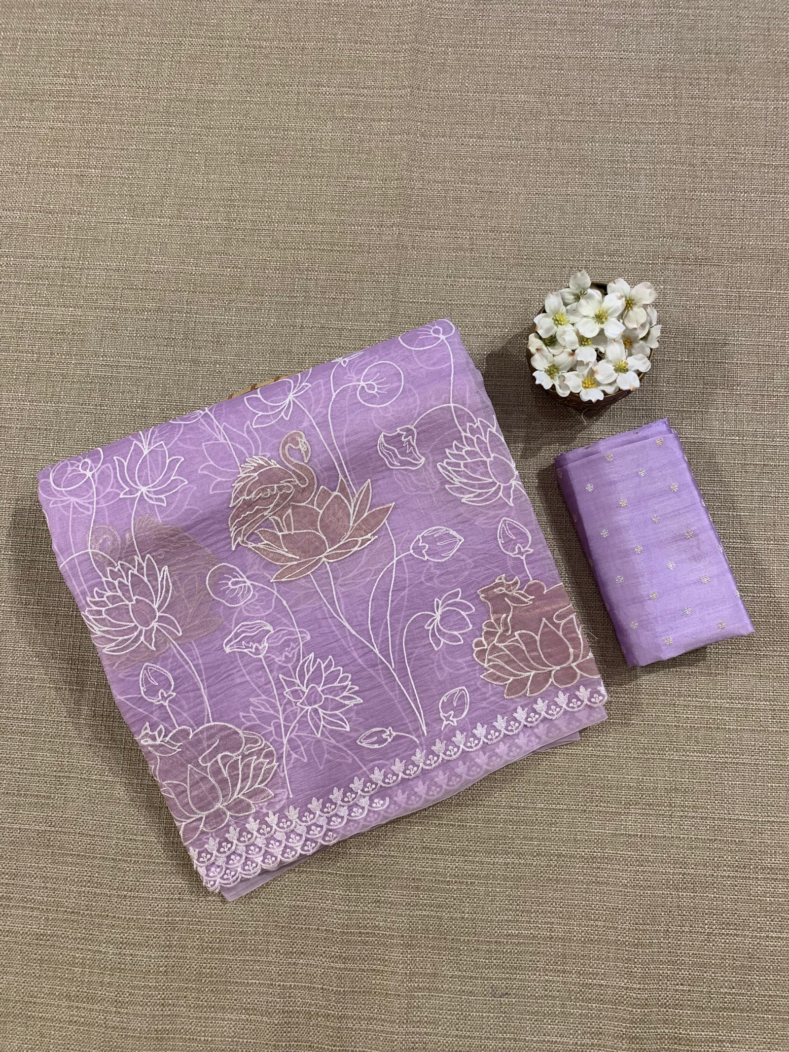 SOAA1609 :  Lilac Organza Saree with Allover Pichwai Applique Embroidery