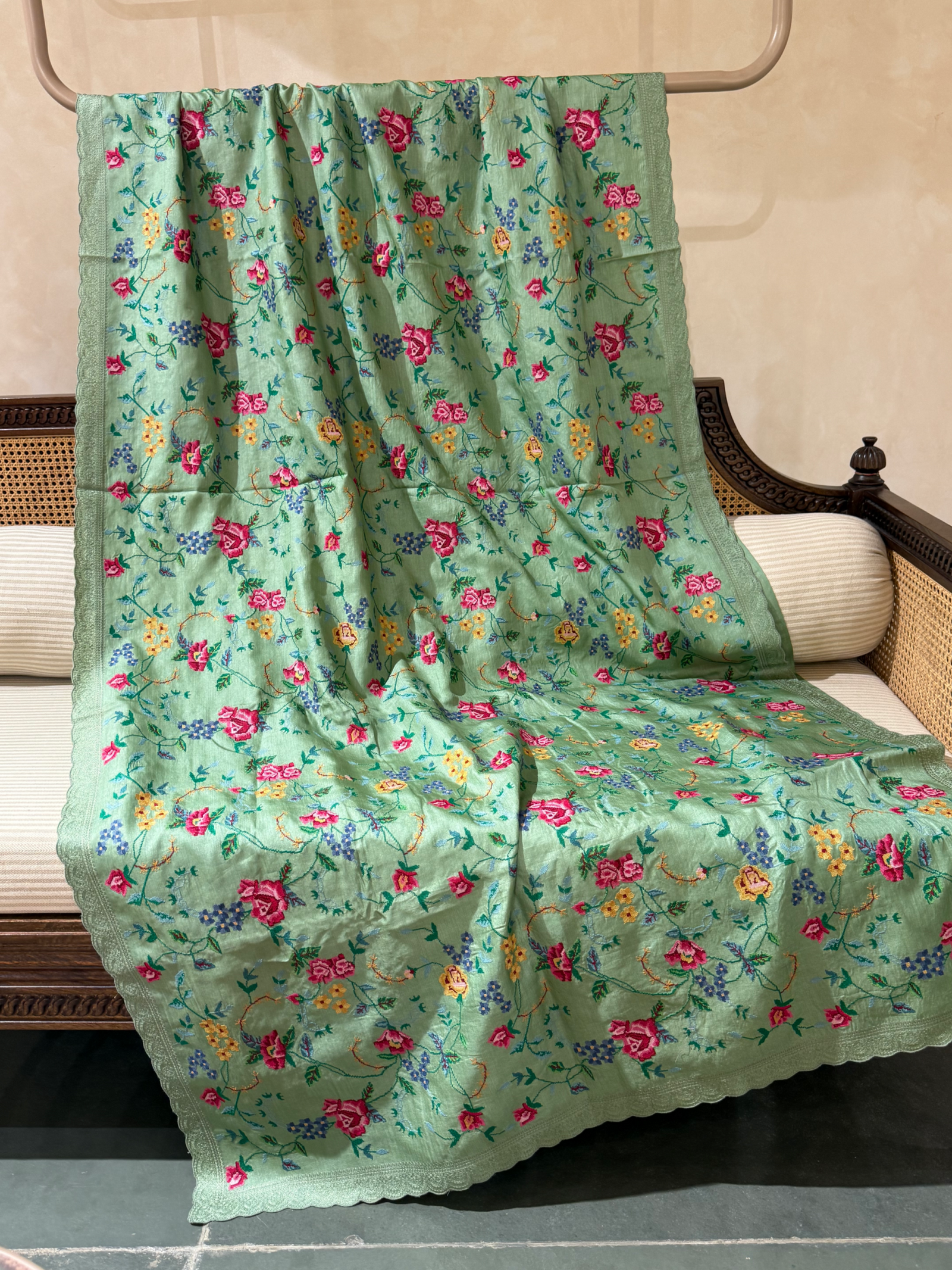 STPPA206 : Sage Green Pure Tussar Saree With Allover Petite Point Embroidery