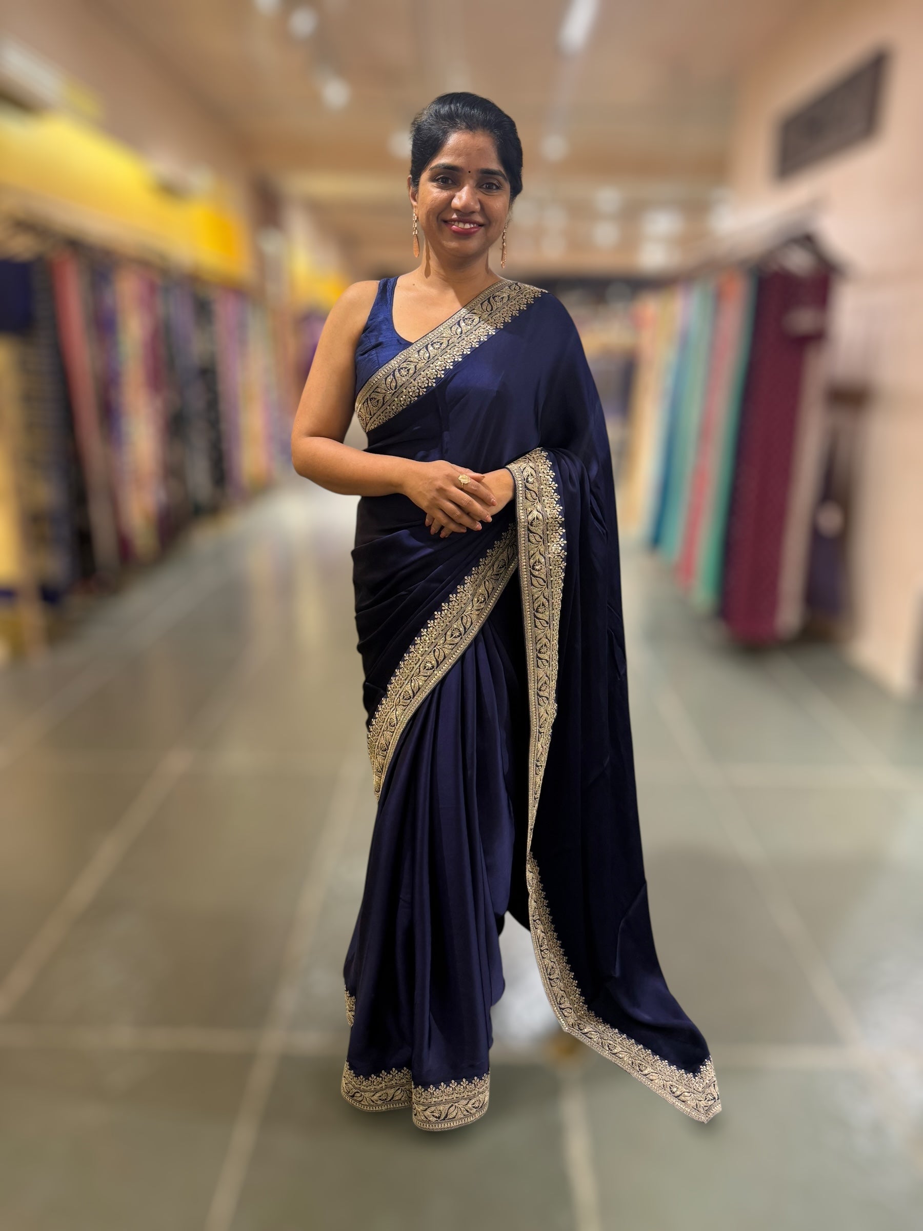 Midnight Blue Pure Satin Silk Saree With Sabhya Borders & Allover Emb Blouse