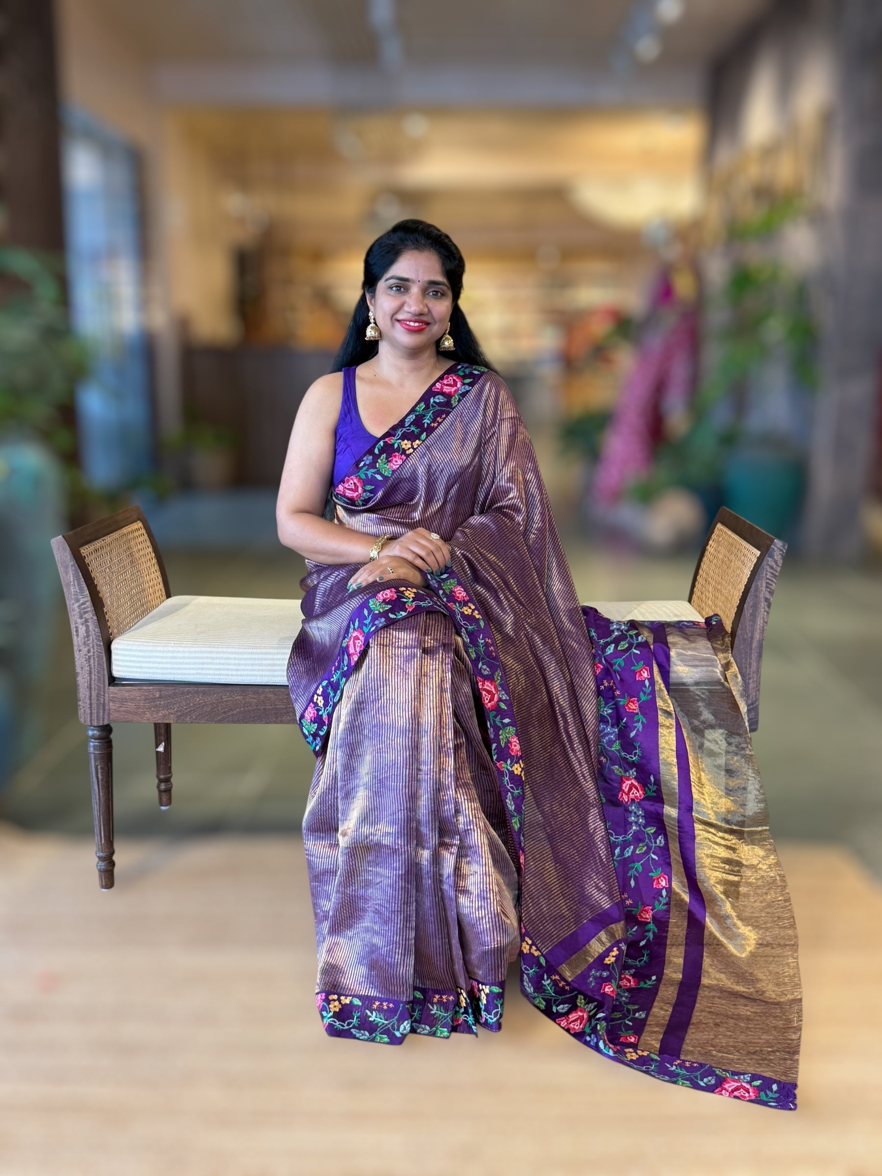 Violet Tissue Stripes Saree With  Petite Point Embroidered Border Pallu and BP