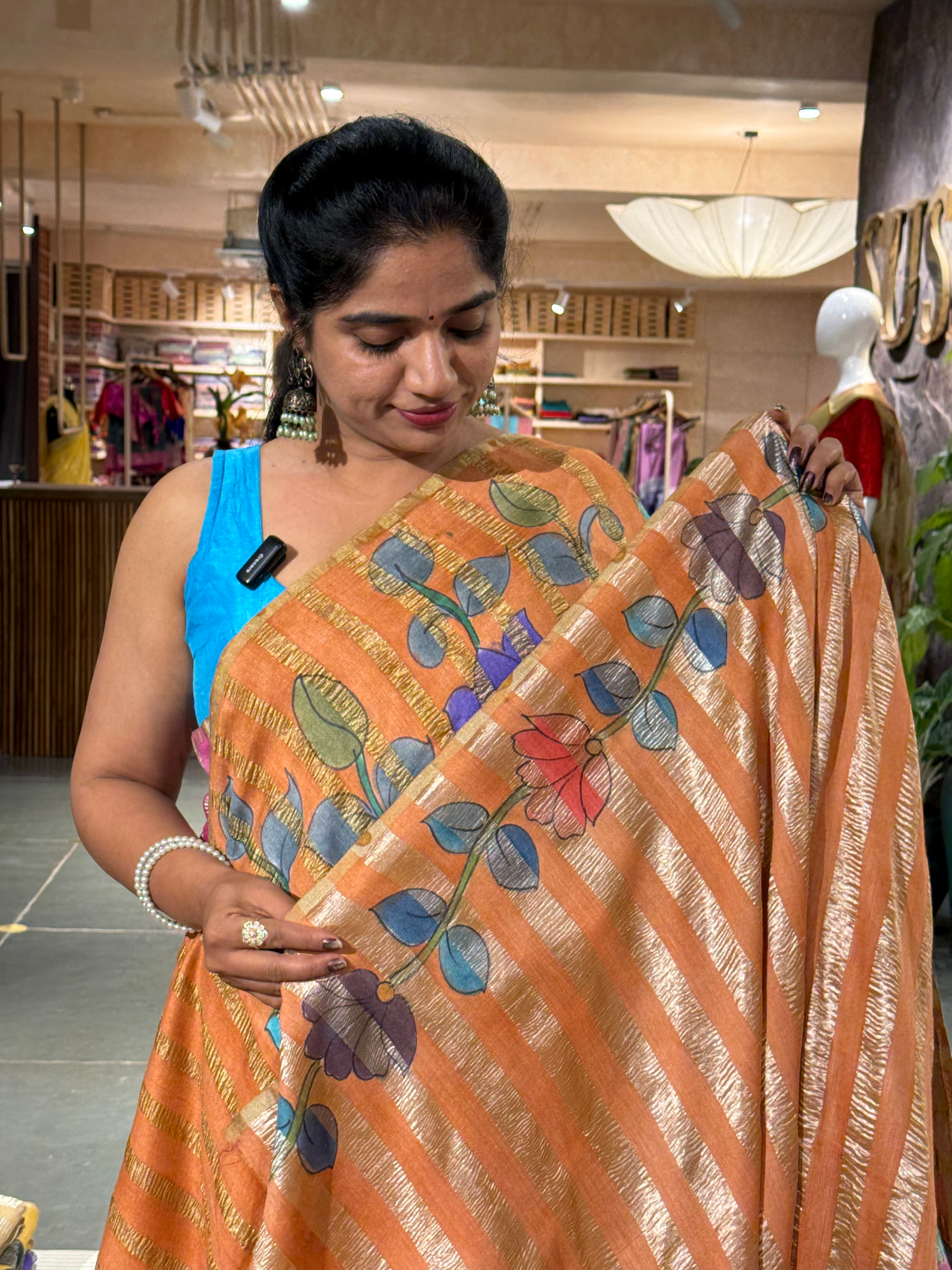 SMTKM174 Pure Handloom Munga Silk Wth Tissue Stripes & Penkalamkari Handpainting