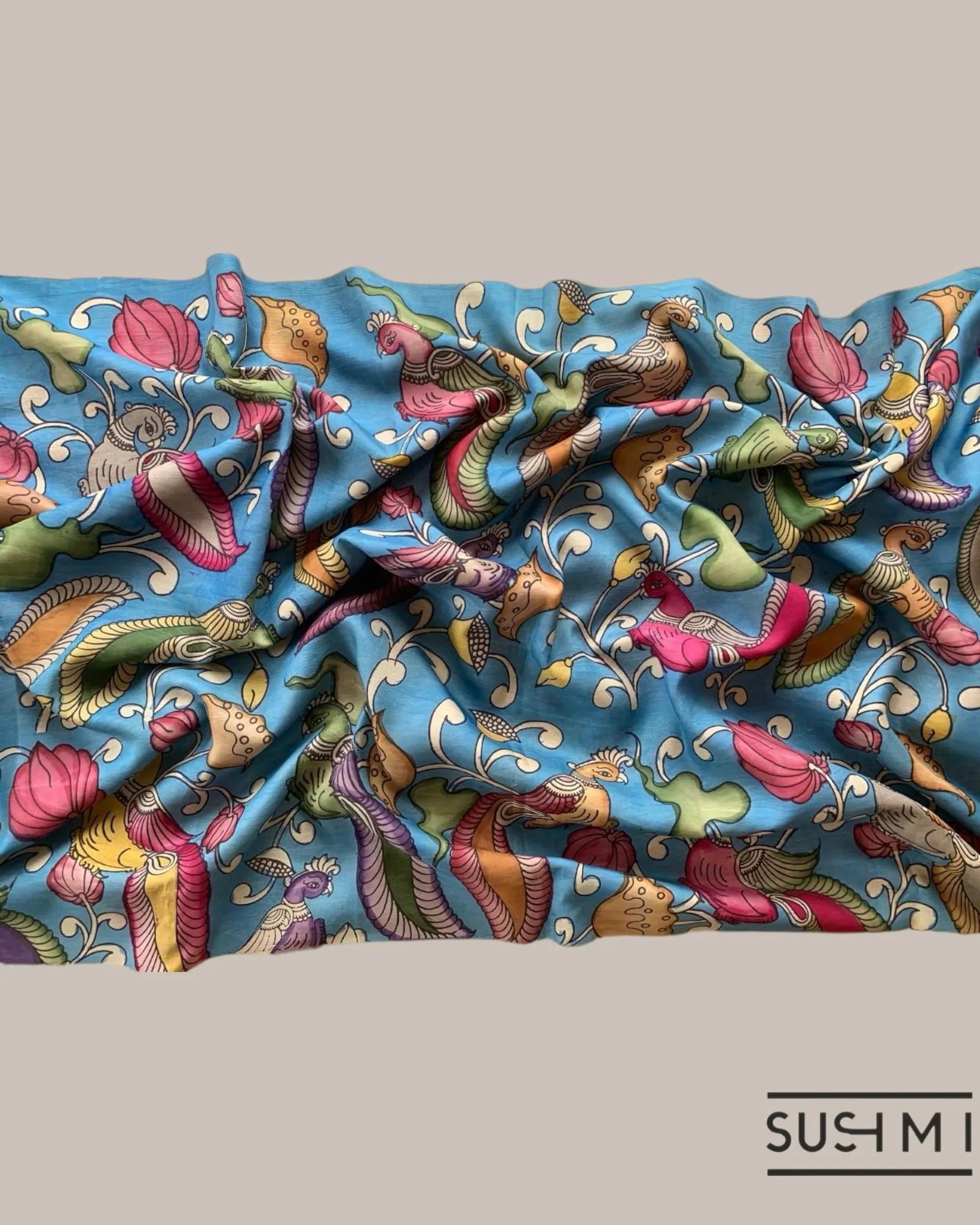 Blue Kanchi Pen kalamkari handpainted saree with heavy borders