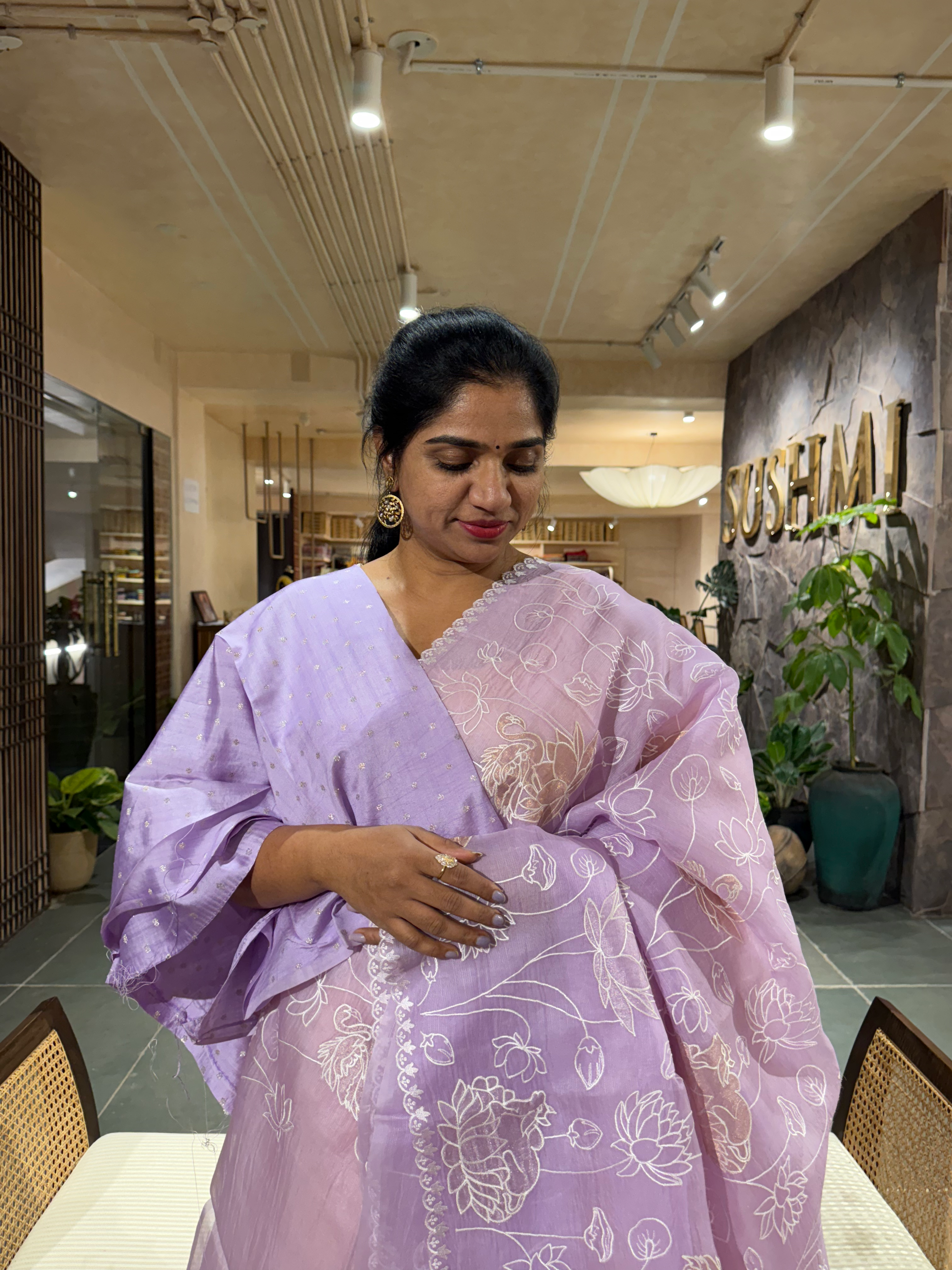 SOAA1609 :  Lilac Organza Saree with Allover Pichwai Applique Embroidery