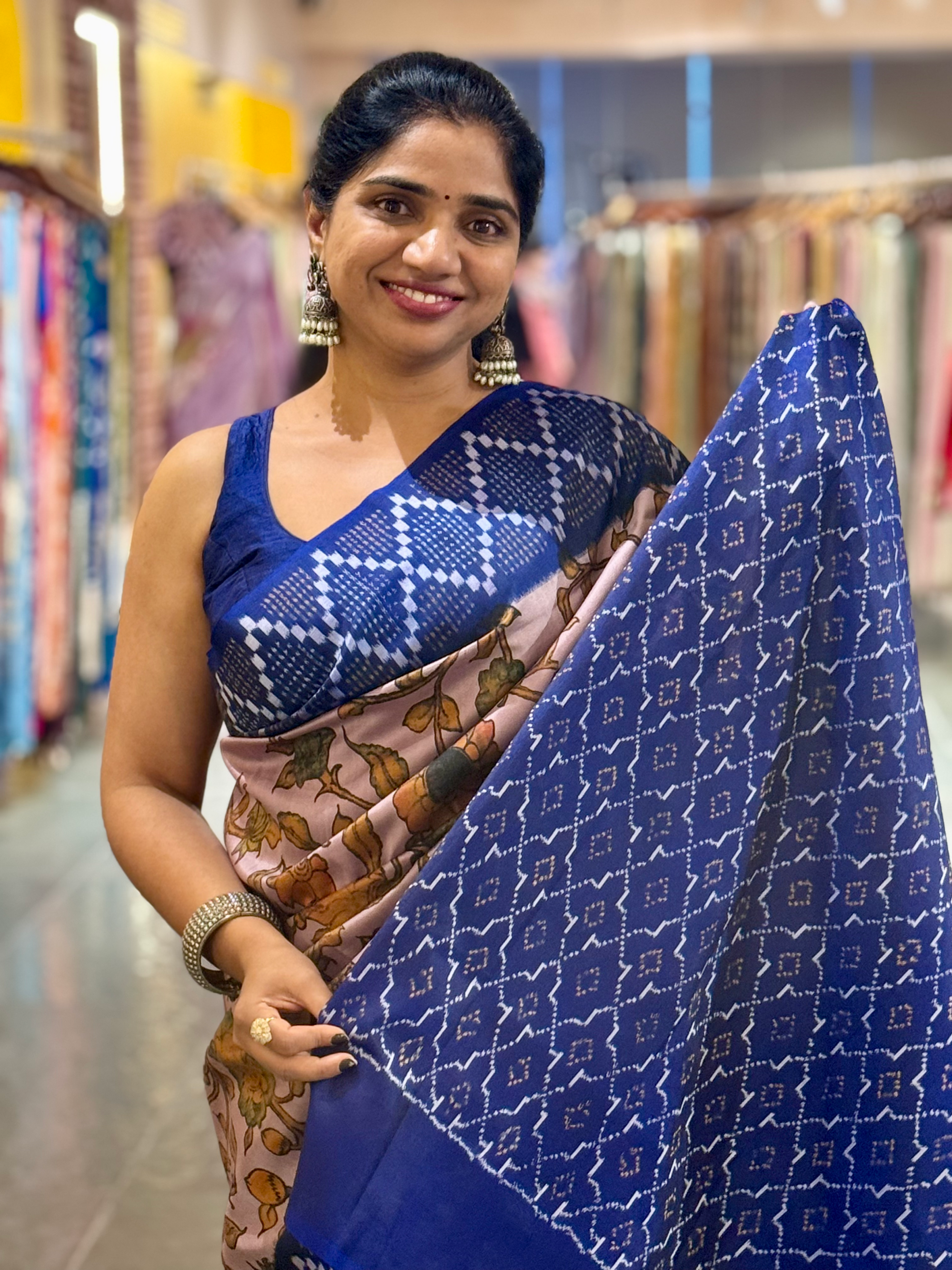 Ikkath Patola Sarees with Pen Kalamkari Style Digital  Prints