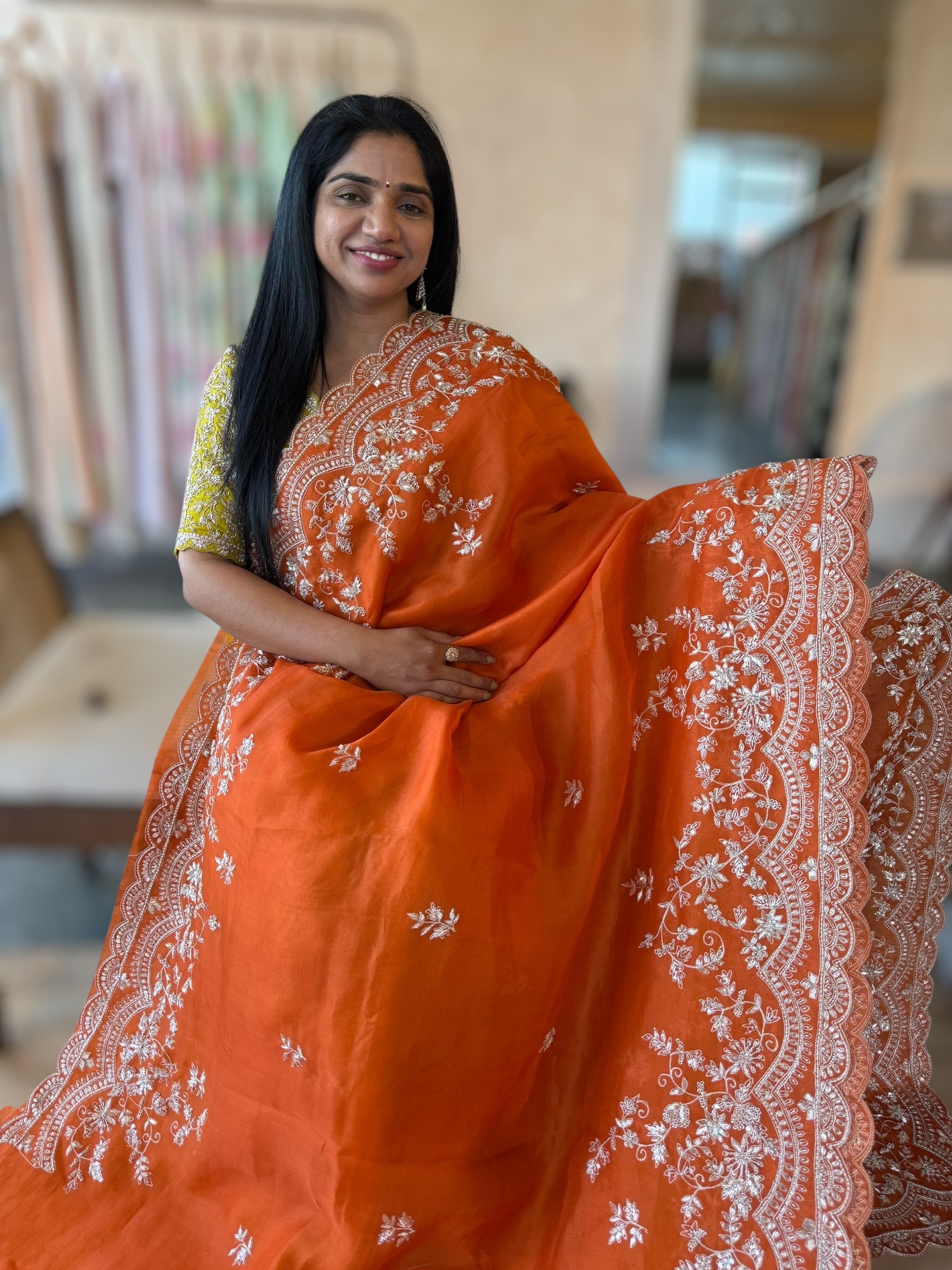 Orange Organza Handwork Saree