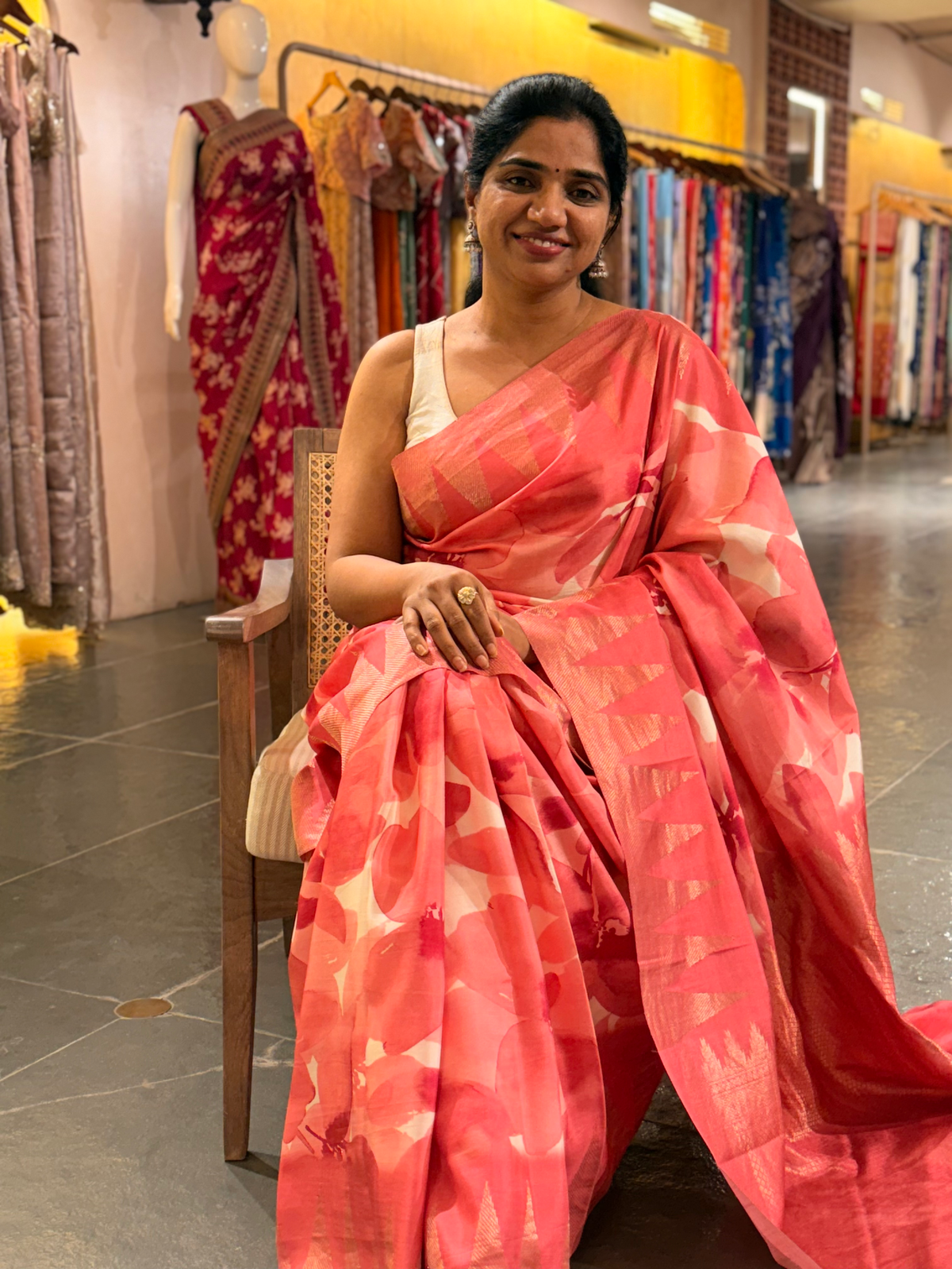 Coral Peach Pink Printed Kanchi Silk soft drape Saree with temple borders b