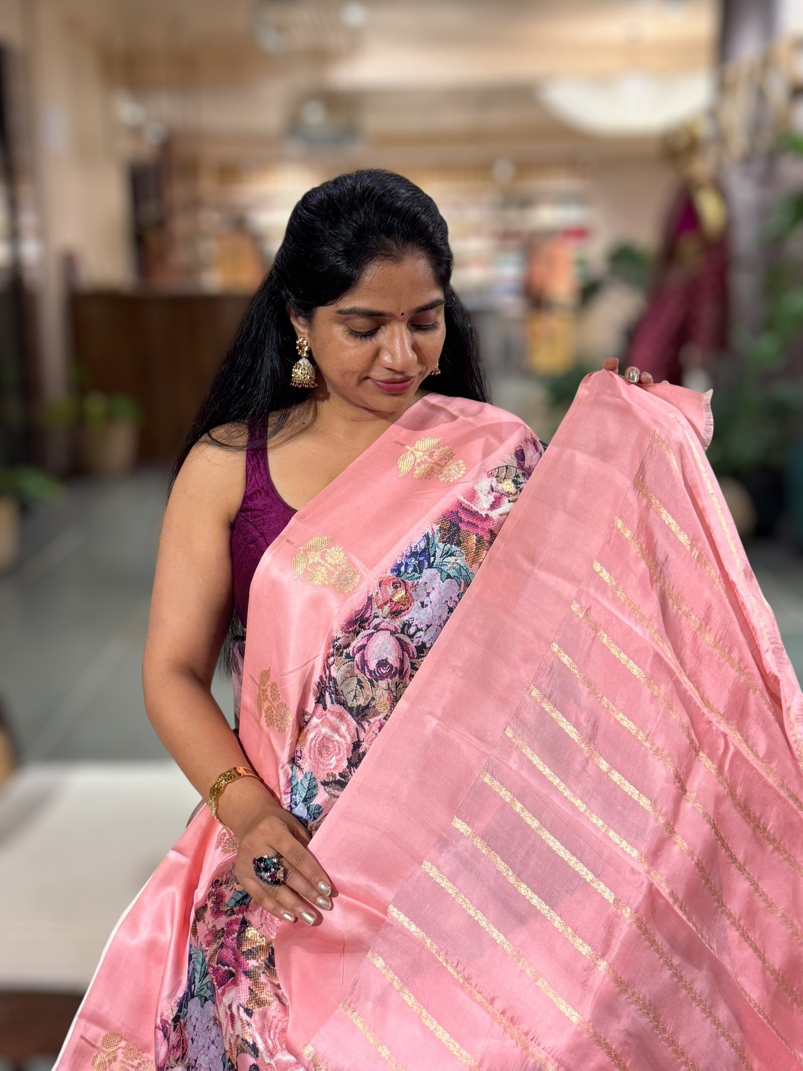 Neon Pink Kanchi Soft Silk with beautiful Rose Floral Print