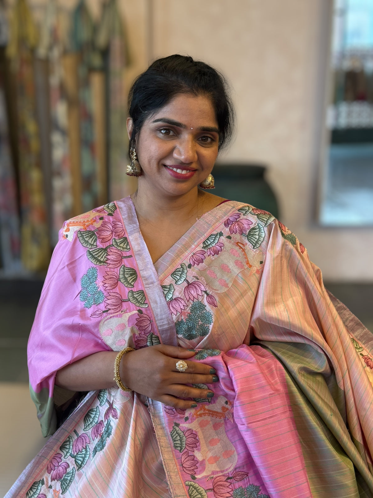 Kanchi Silk Saree in Tricolor With Beautiful Pichwai Embroidered Border