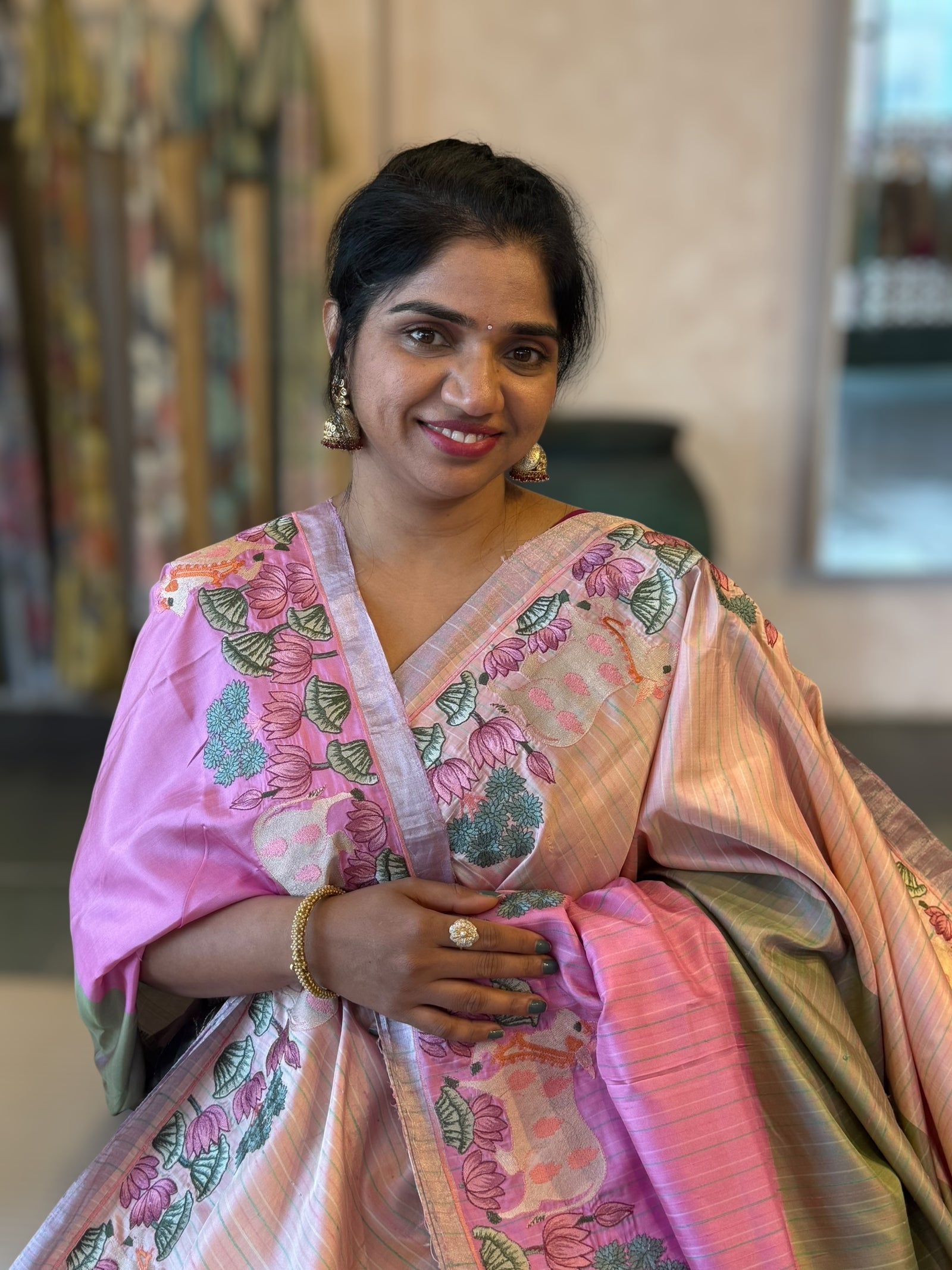 Kanchi Silk Saree in Tricolor With Beautiful Pichwai Embroidered Border