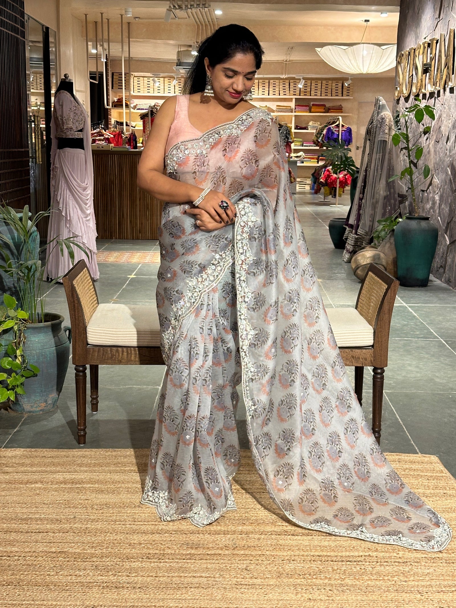 Silverish Grey Pure Organza  handwork  Saree with Sabyasachi  floral print