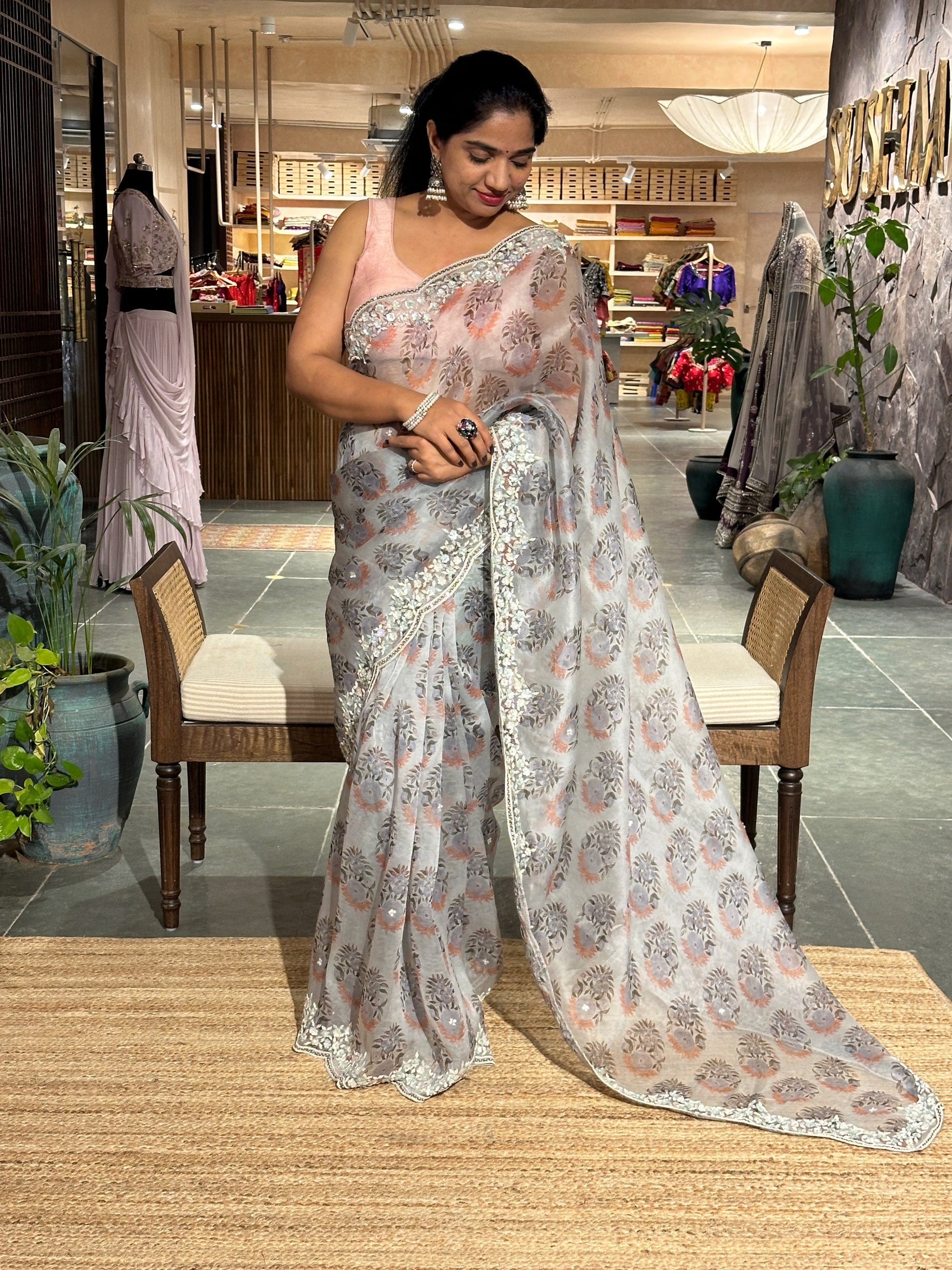 Silverish Grey Pure Organza  handwork  Saree with Sabyasachi  floral print