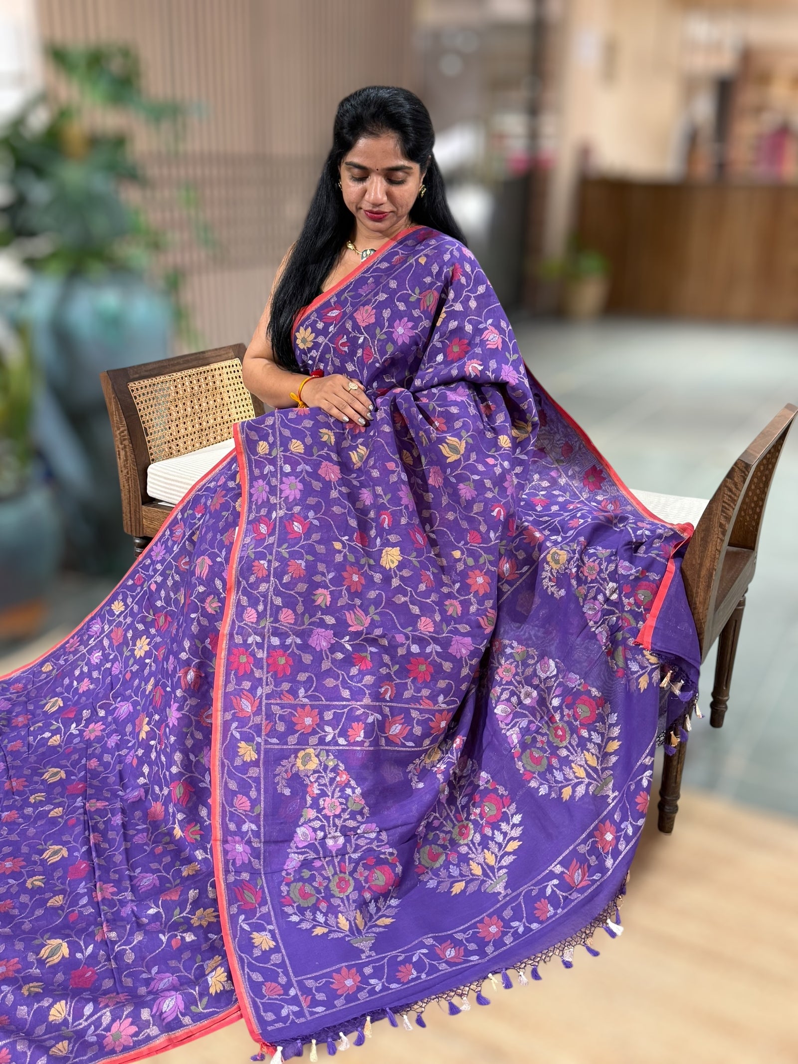 Brinjal Banarasi Handloom Cotton Cut Jamdani Saree With Allover Meenakari