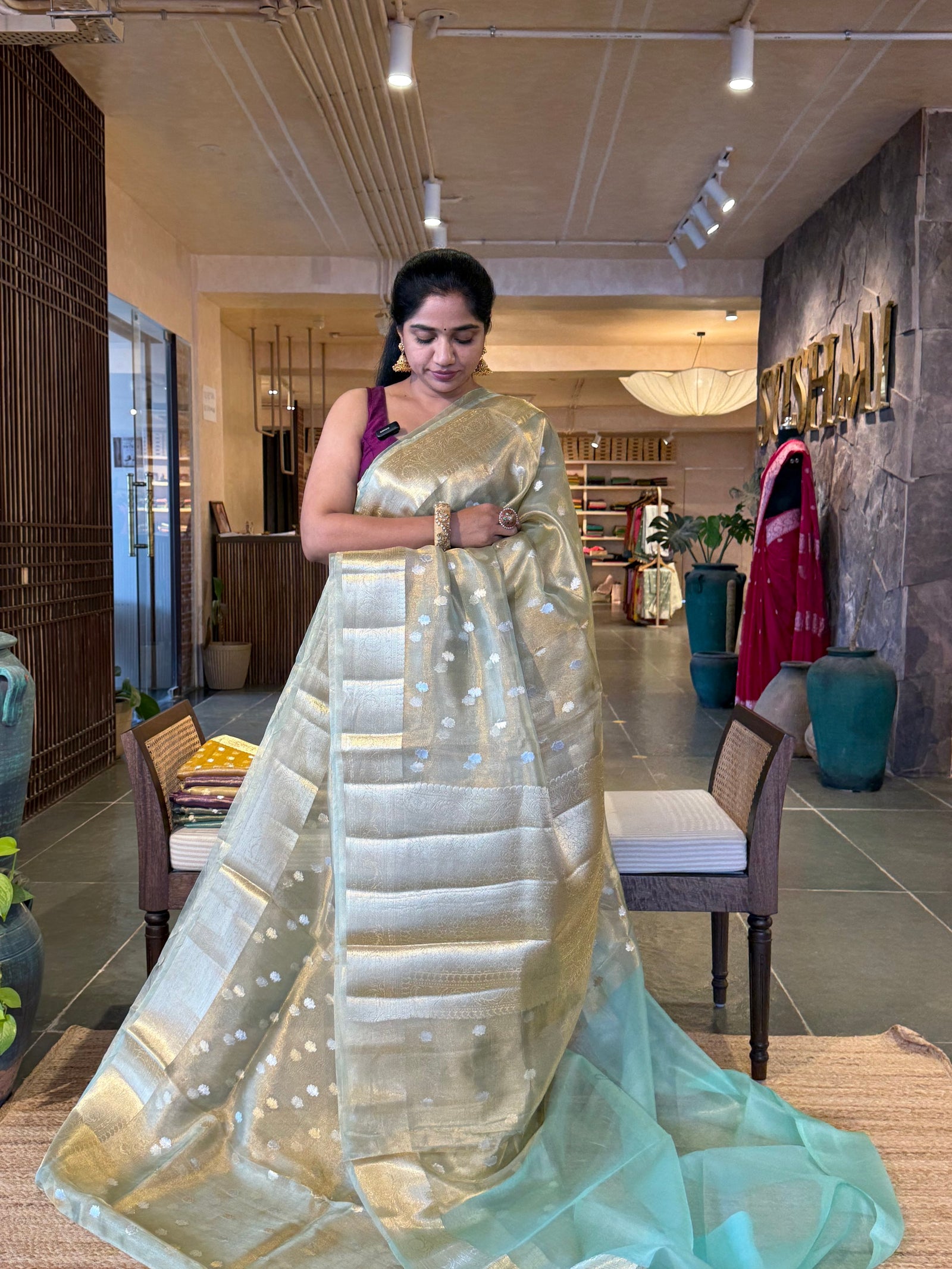 WDTSH : SeaGreen Banarasi Tissue Saree with Gold based Tissue