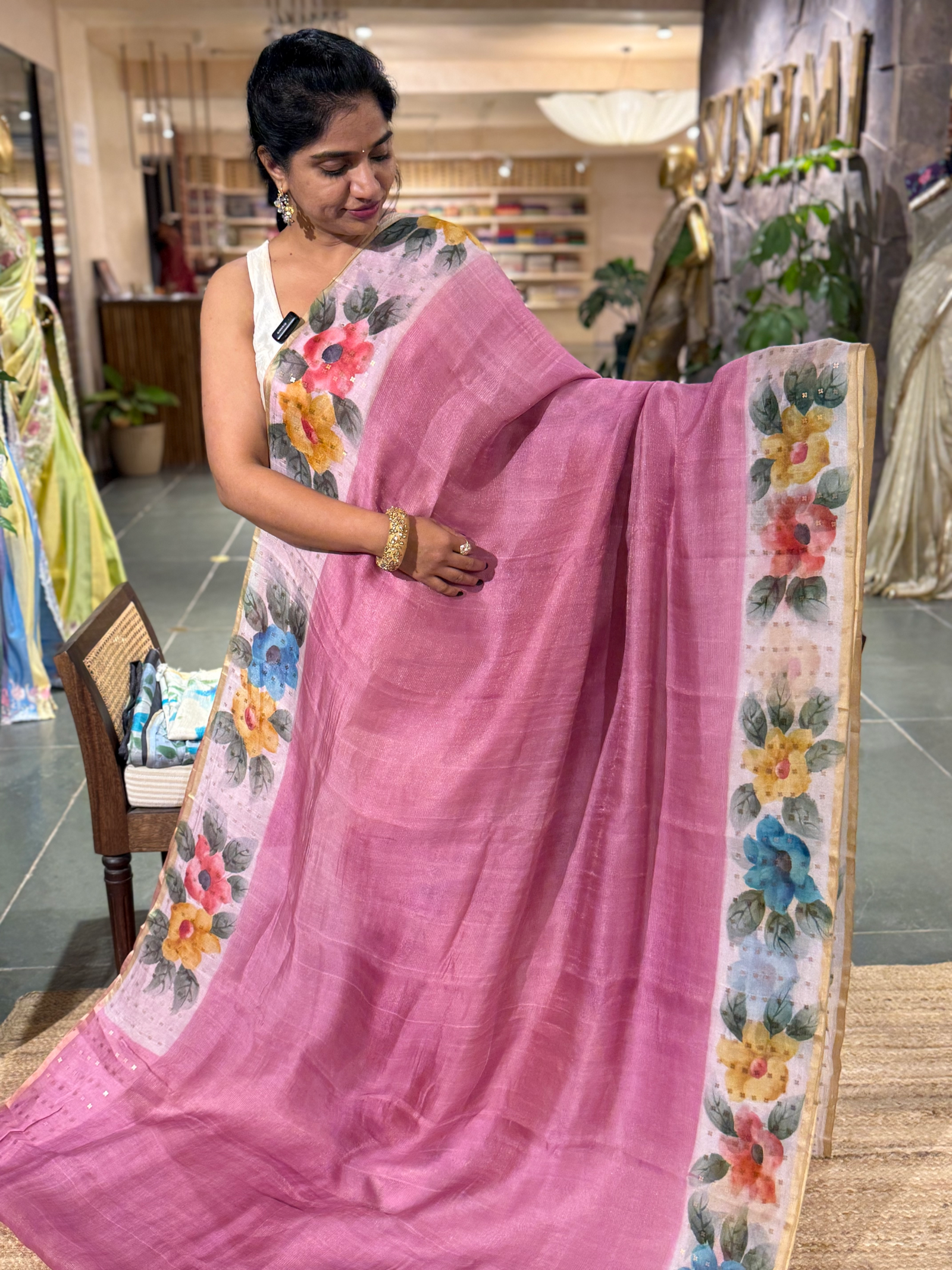 Rose Pink Tussar Kota Tissue Saree with Handpainted Muslin Border and Pallu