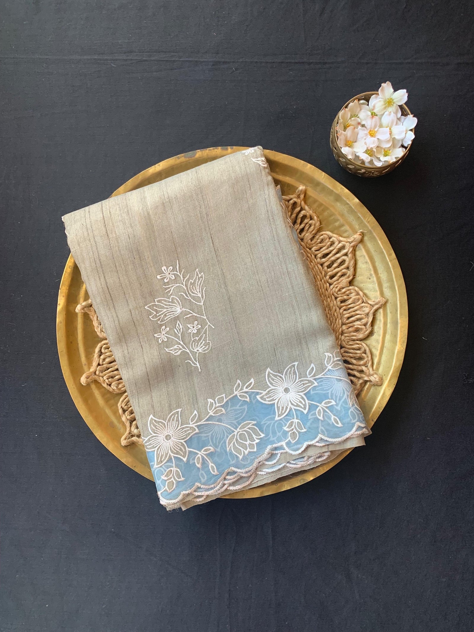 Pure handloom Tussar Designer Saree with Organza Applique Cutwork Border