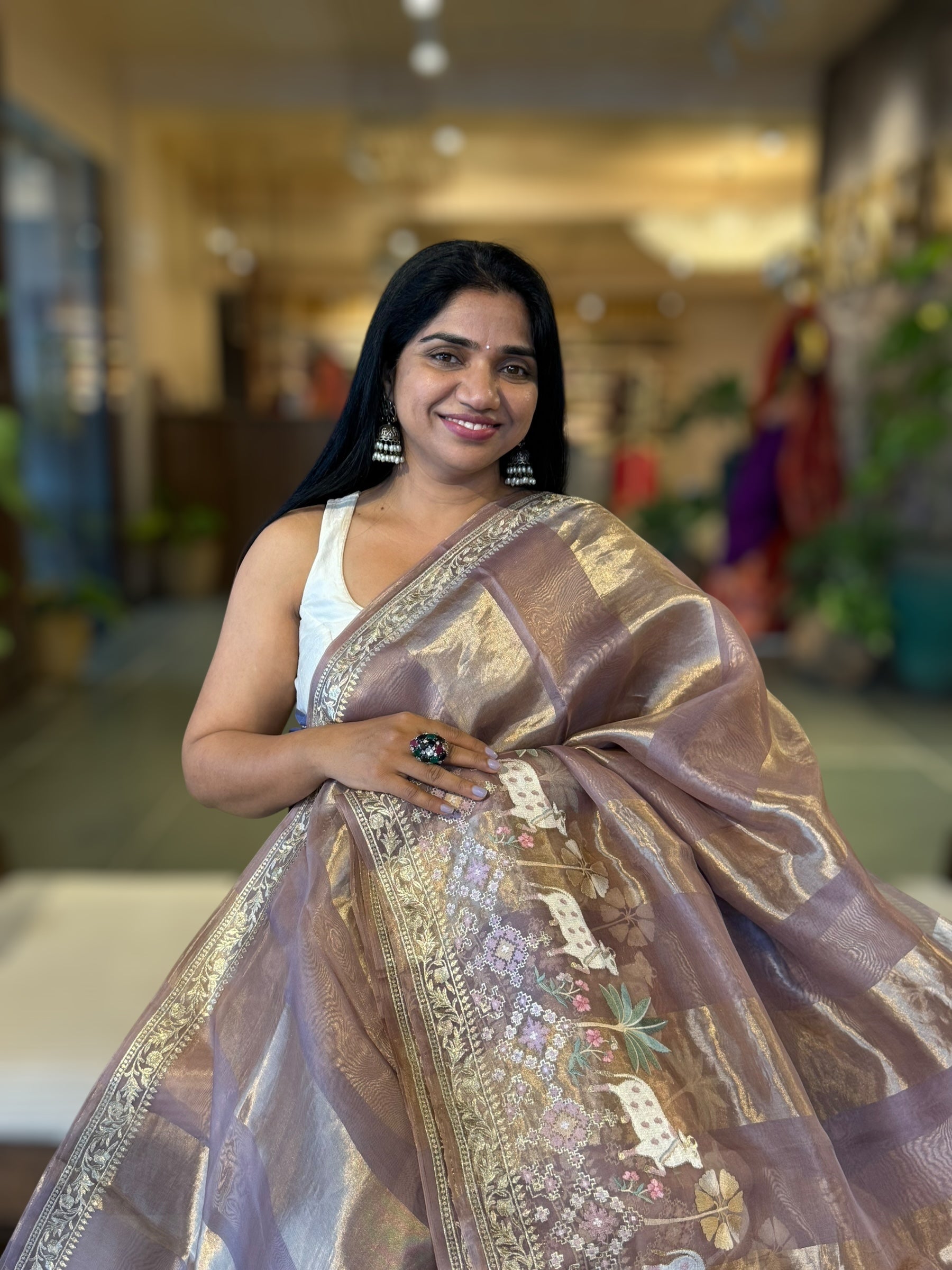 Mauve Kora Tissue Stripes Saree With Jamdani  & Pichwai embroidered Border