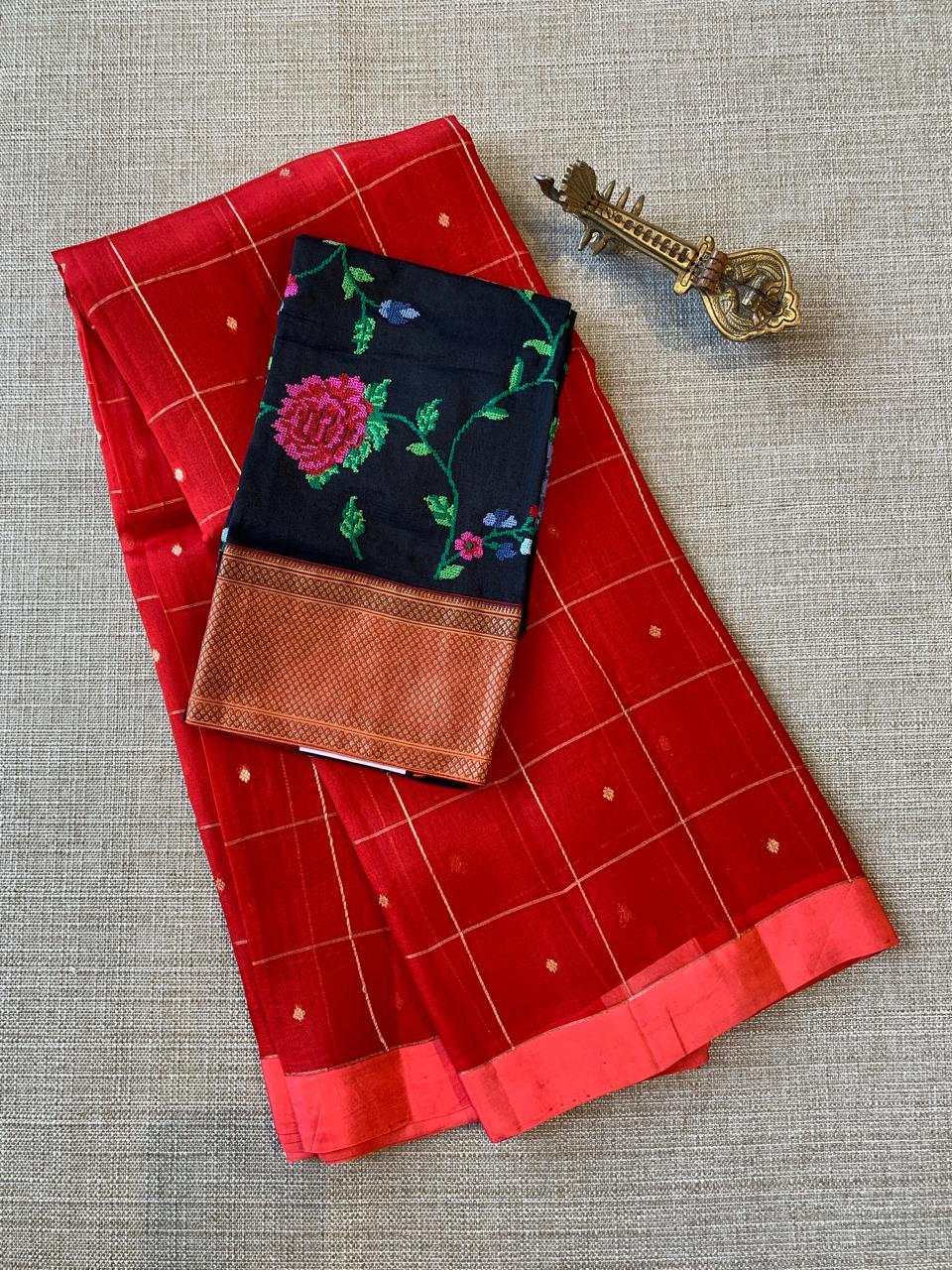 Red Handloom Banarasi Kora Checks Saree with allover Kaduwa Woven Zari Motifs .
