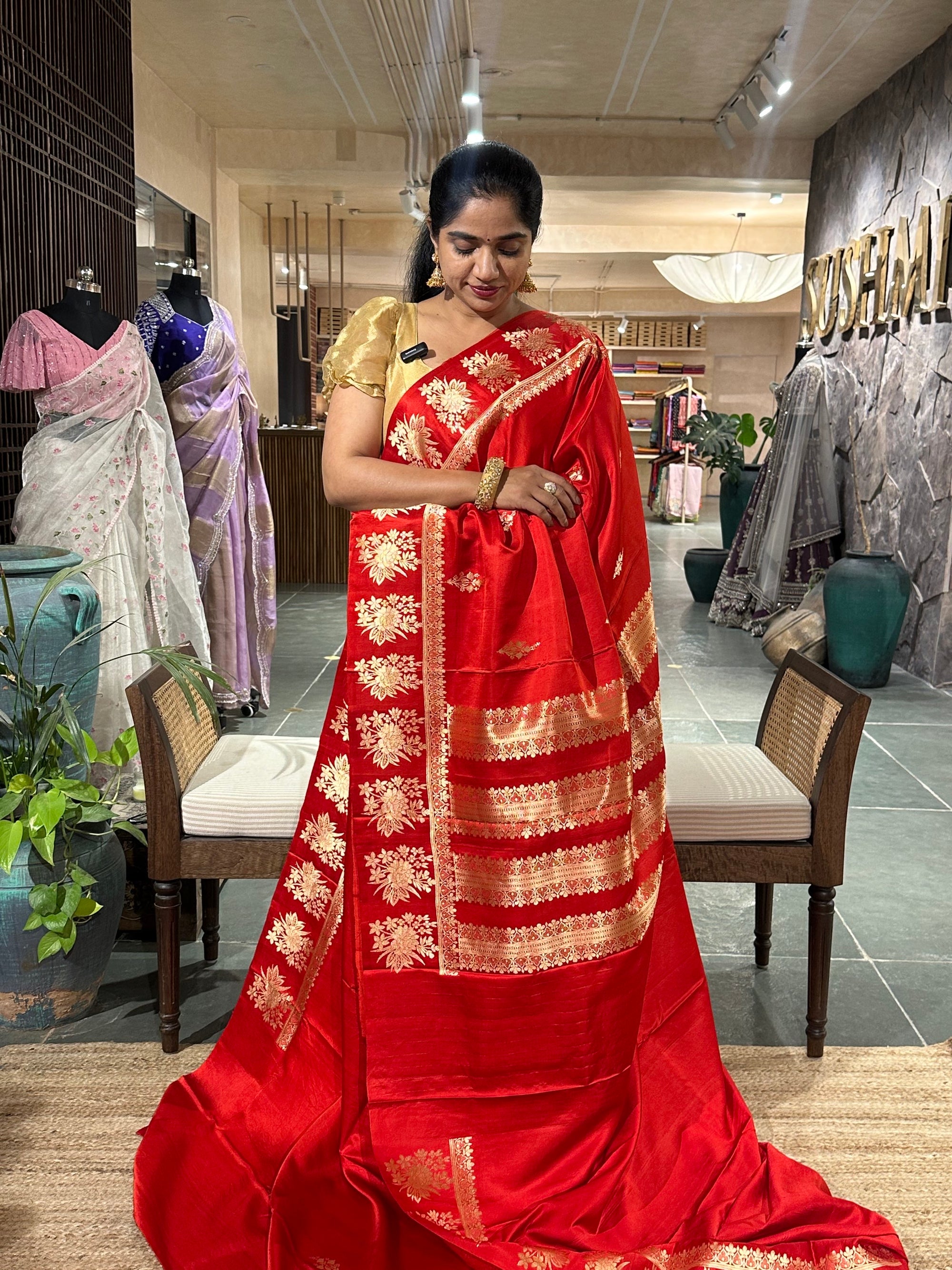 Orangish Red Pure Banarasi Handloom Mashru Silk Saree
