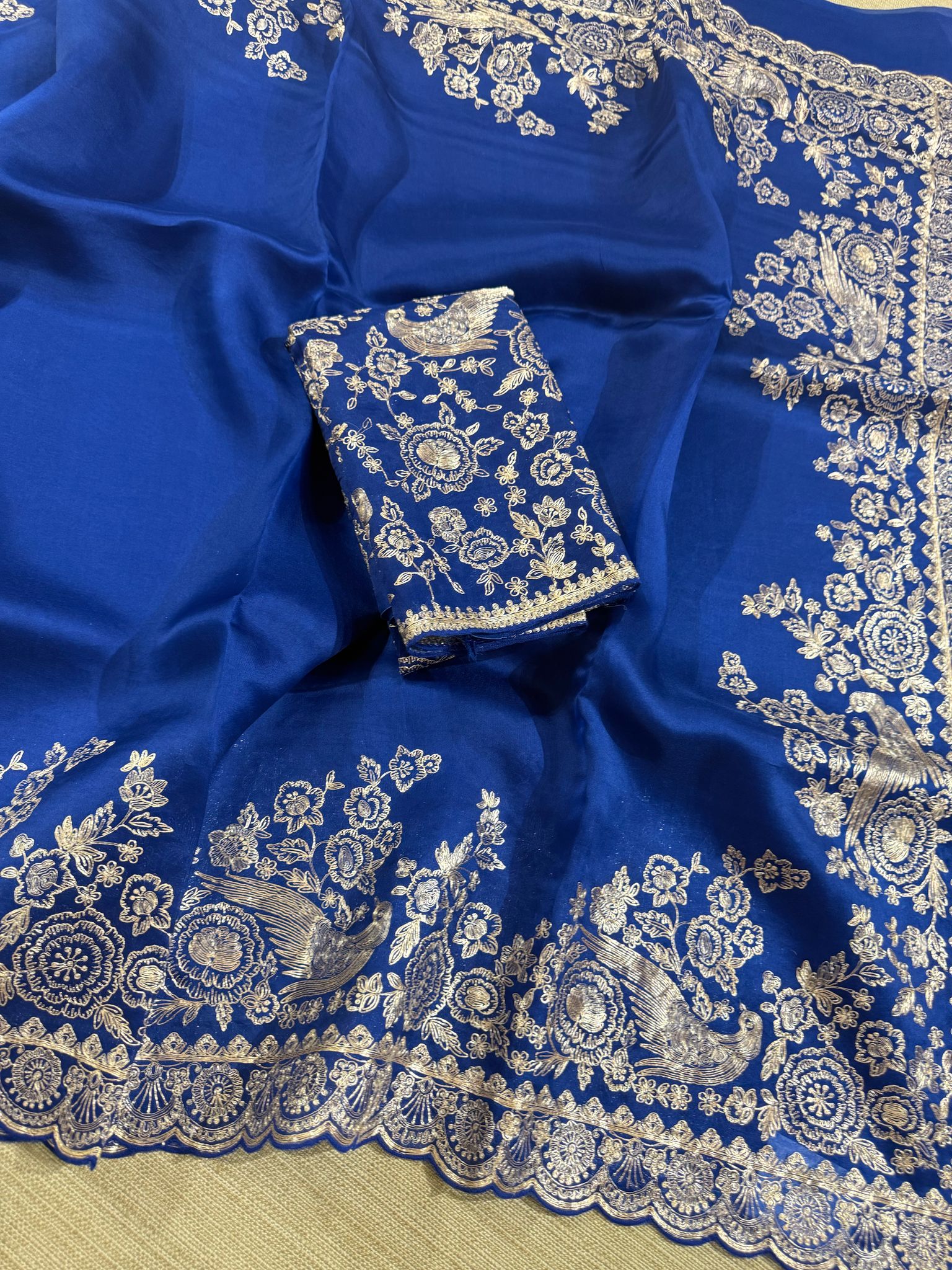Royal blue Pure organza Saree with pita emb