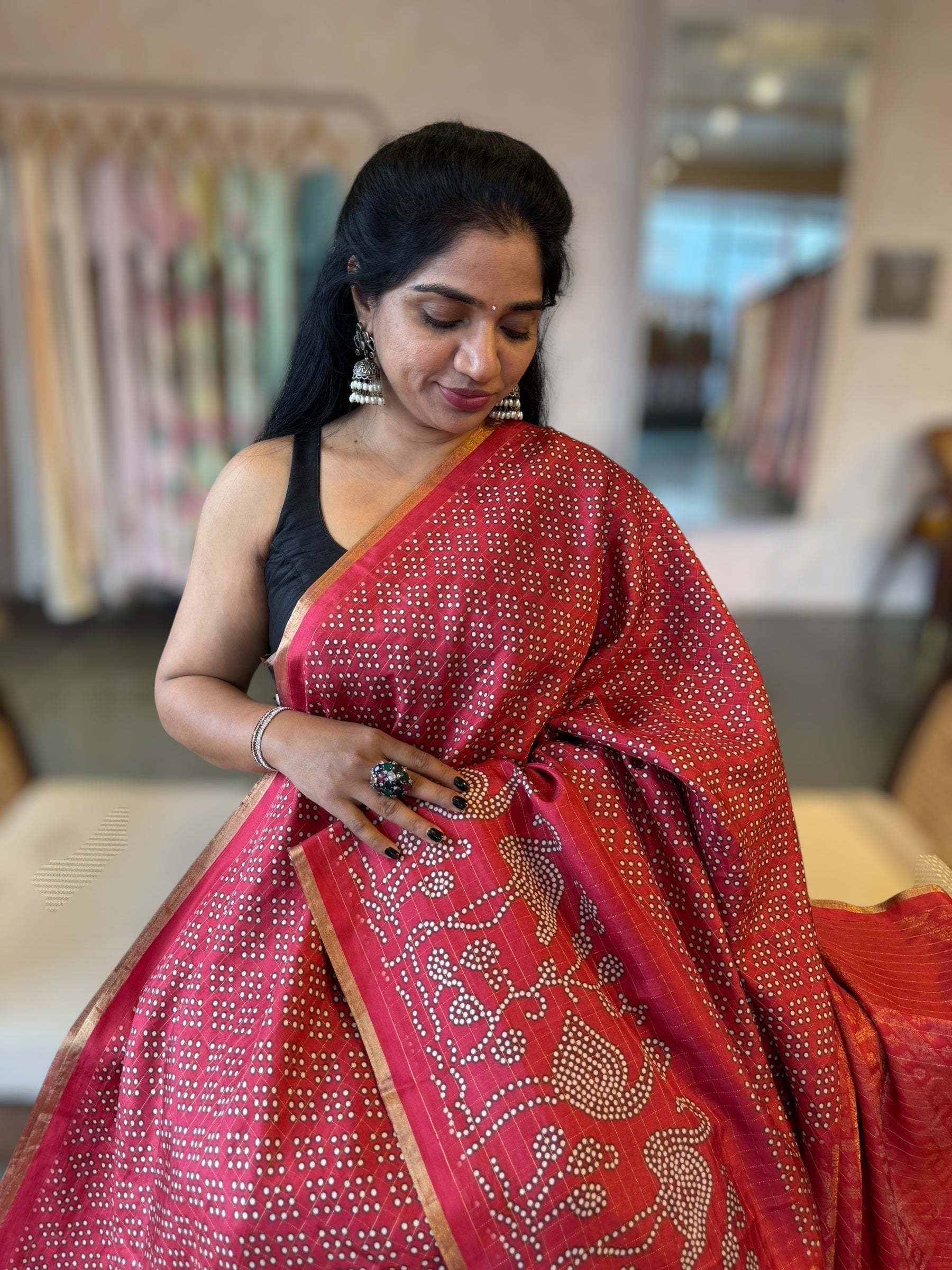 Black Kanchi Soft Silk Saree With Zari Checks allover the Saree &Bandhini Print